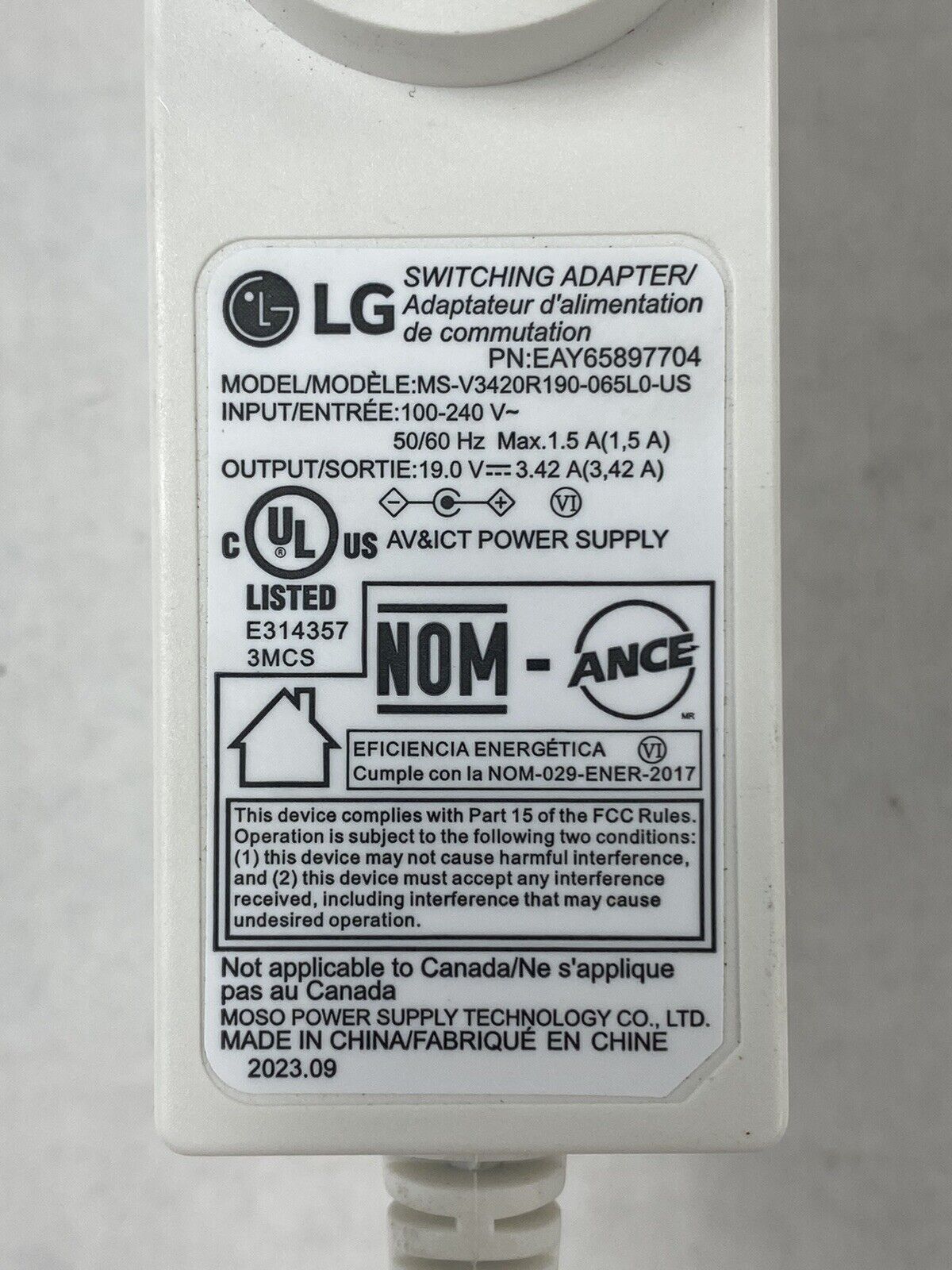 Genuine LG MS-V3420R190-065L0-US 19V 3.42A AC Adapter White