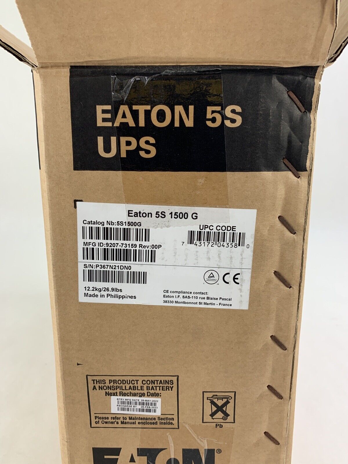 Eaton 5S1500G UPS Battery Backup 220-240V 900W 1500VA 6.8A Tested New Box Opened