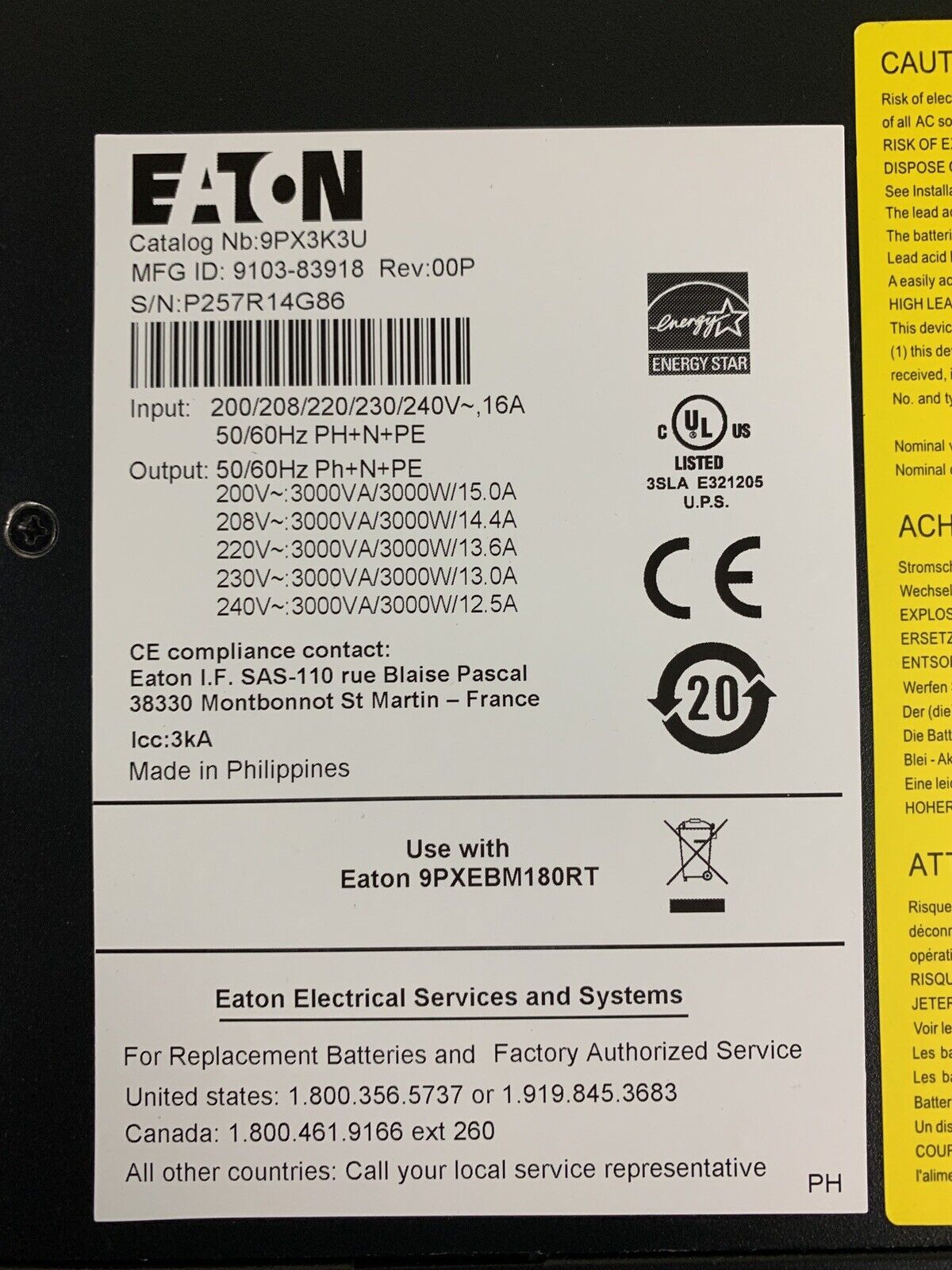 Eaton 9PX3K3U UPS 3000VA 3000W 3U 208V/240V 30A MFG 06-03-24 Recharge 06-01-25