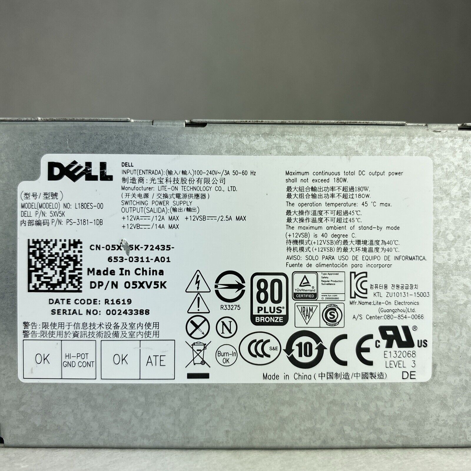 Dell PSU Model L180ES-00 5XV5K 180W OptiPlex 3040 5040 SFF DP/N 05XV5K