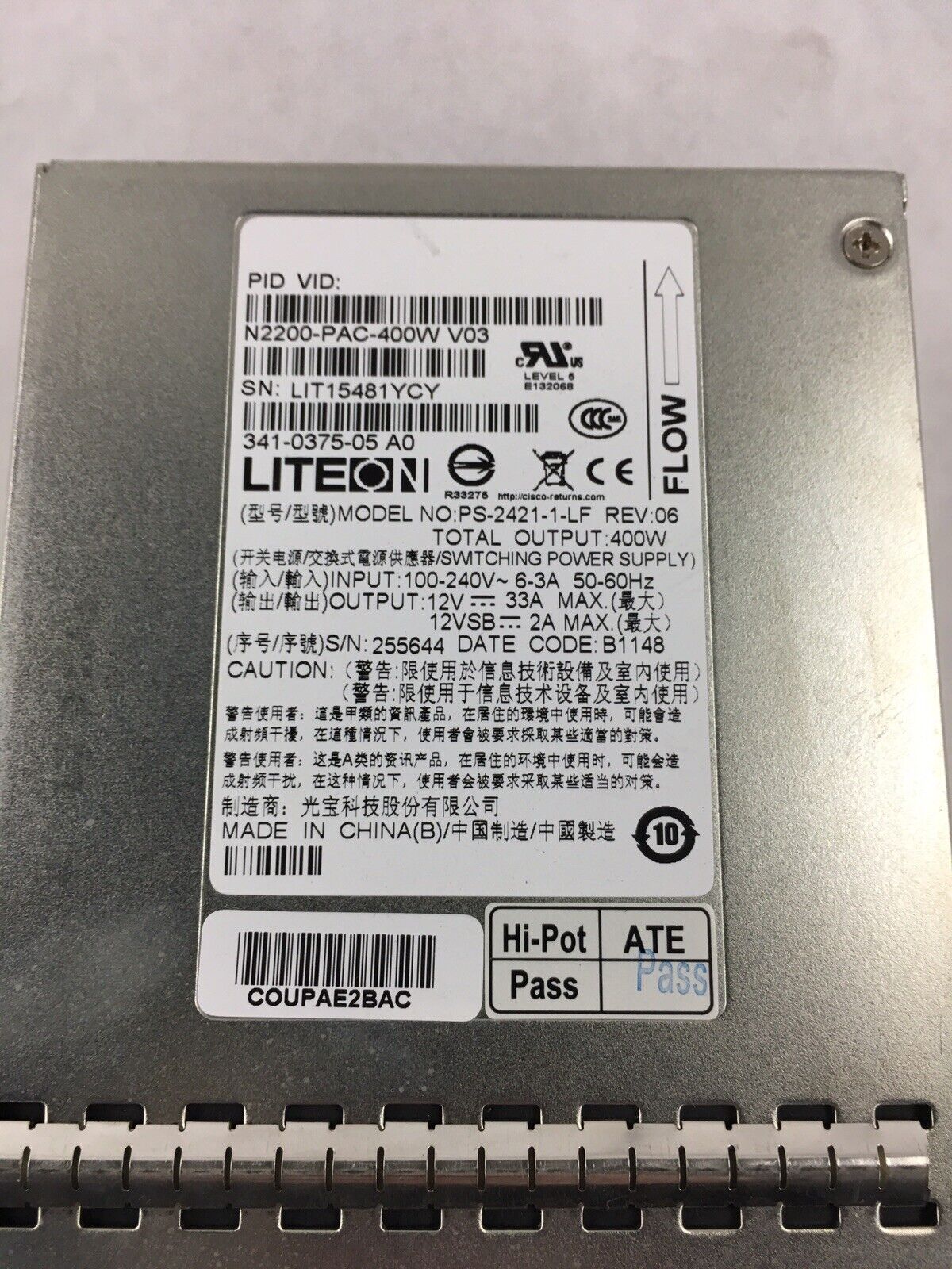 Lot of 2 Liteon PS-2421-1-LF 400W 6.0A 240V 60Hz  Power Supply Tested For Cisco