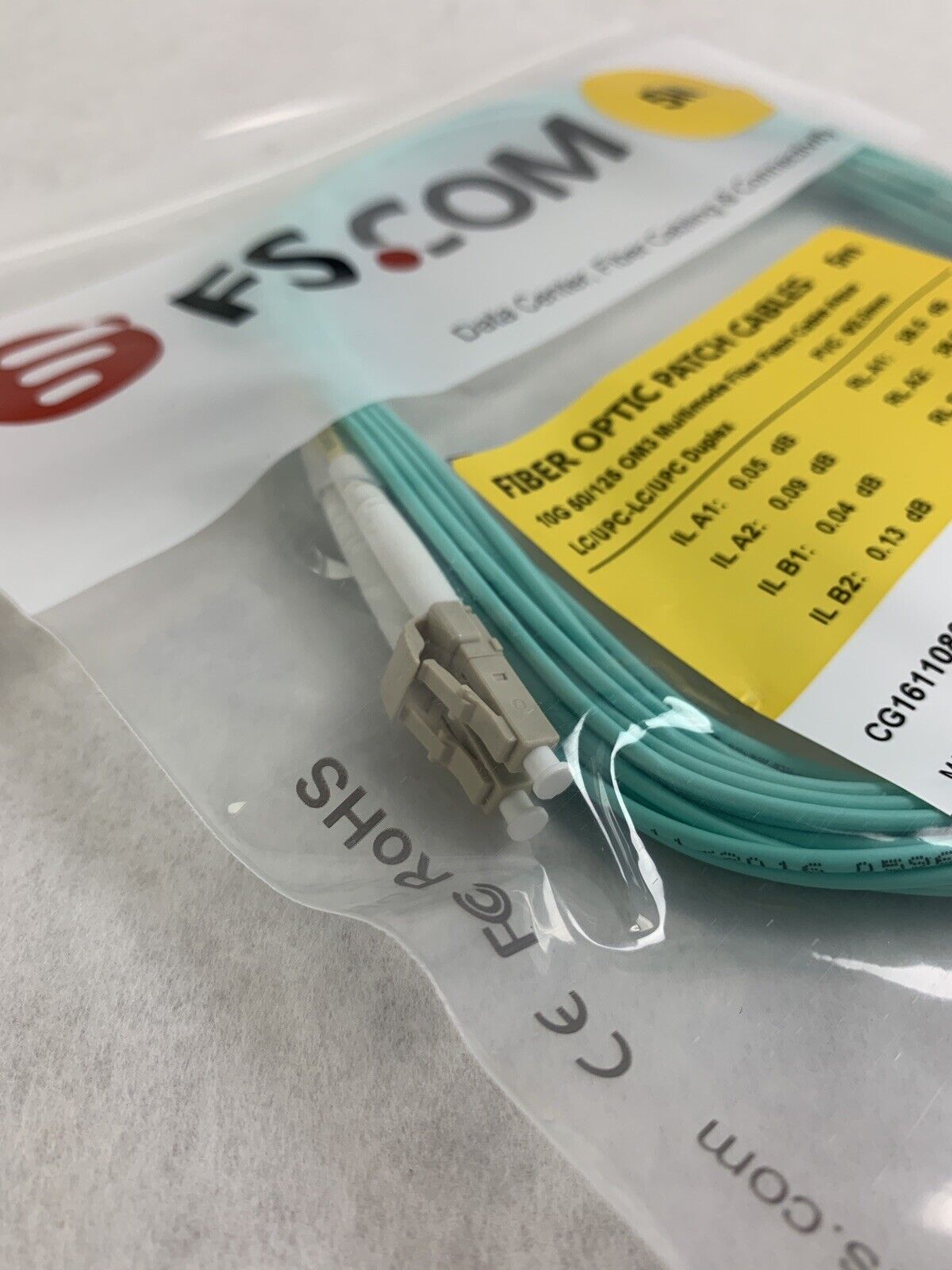 New FS.Com Fibre Optic Patch Cable 50/125 OM3 Multimode Color Aqua Length 5M