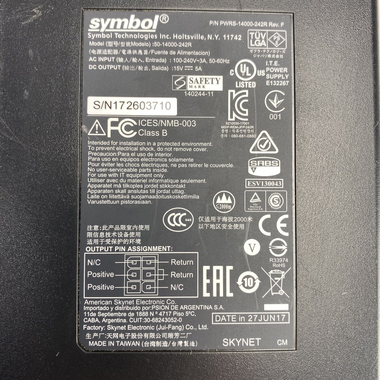 Symbol PWRS-14000-242R AC/DC Power Adapter 15V 5A OEM