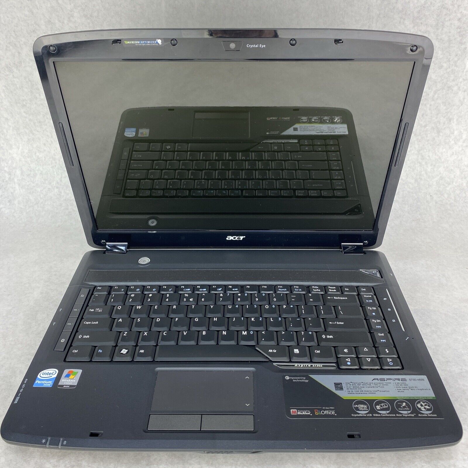 Acer Aspire 5730Z-4899 15.4" Pentium T3400 2.16ghz 3GB RAM No Battery AC HDD OS