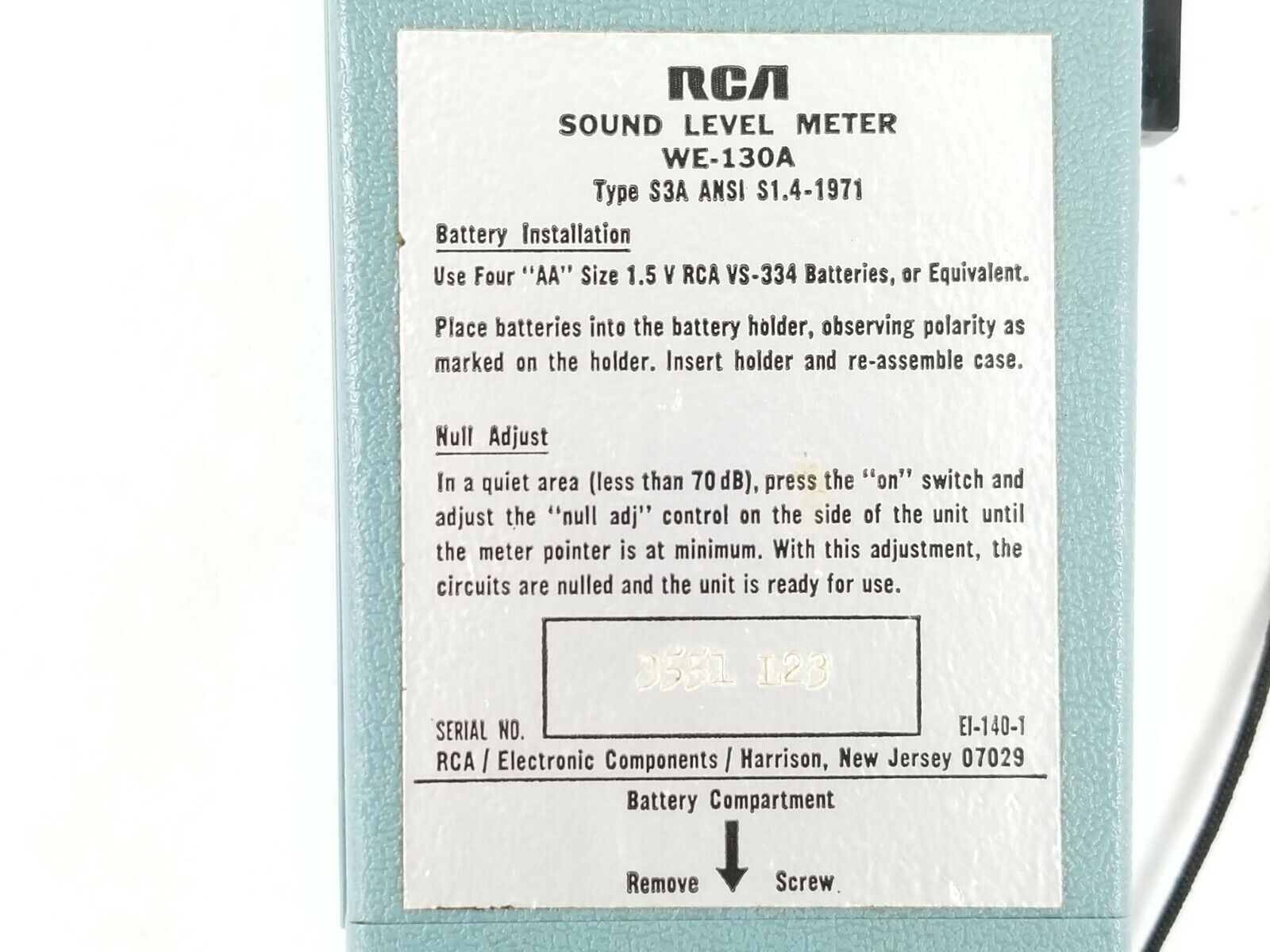 RCA Sound Level Meter WE-130A Type S3A ANSI S1.4-1971