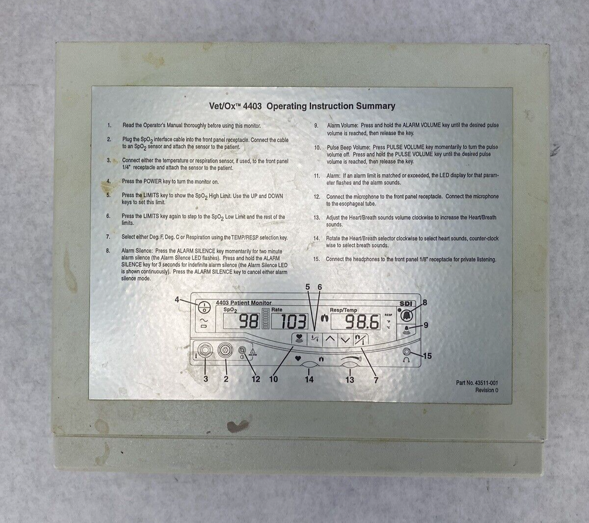 SDI Vet/Ox 4403 Patient Monitor Part No. 92000-001 No Power Supply Untested