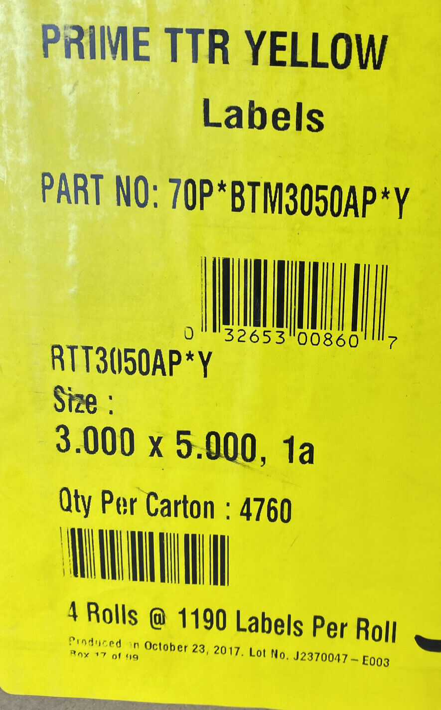 4 rolls x 1190 labels Prime TTR 70P*BTM3050AP*Y 3" x 5" thermal printer Yellow