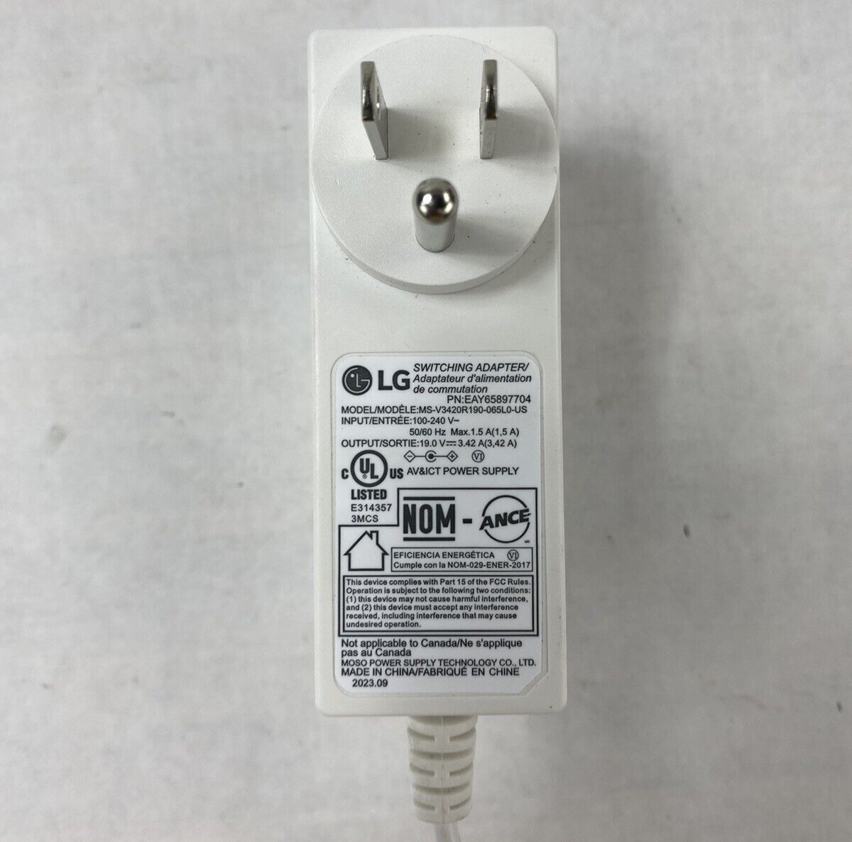 Genuine LG MS-V3420R190-065L0-US 19V 3.42A AC Adapter White