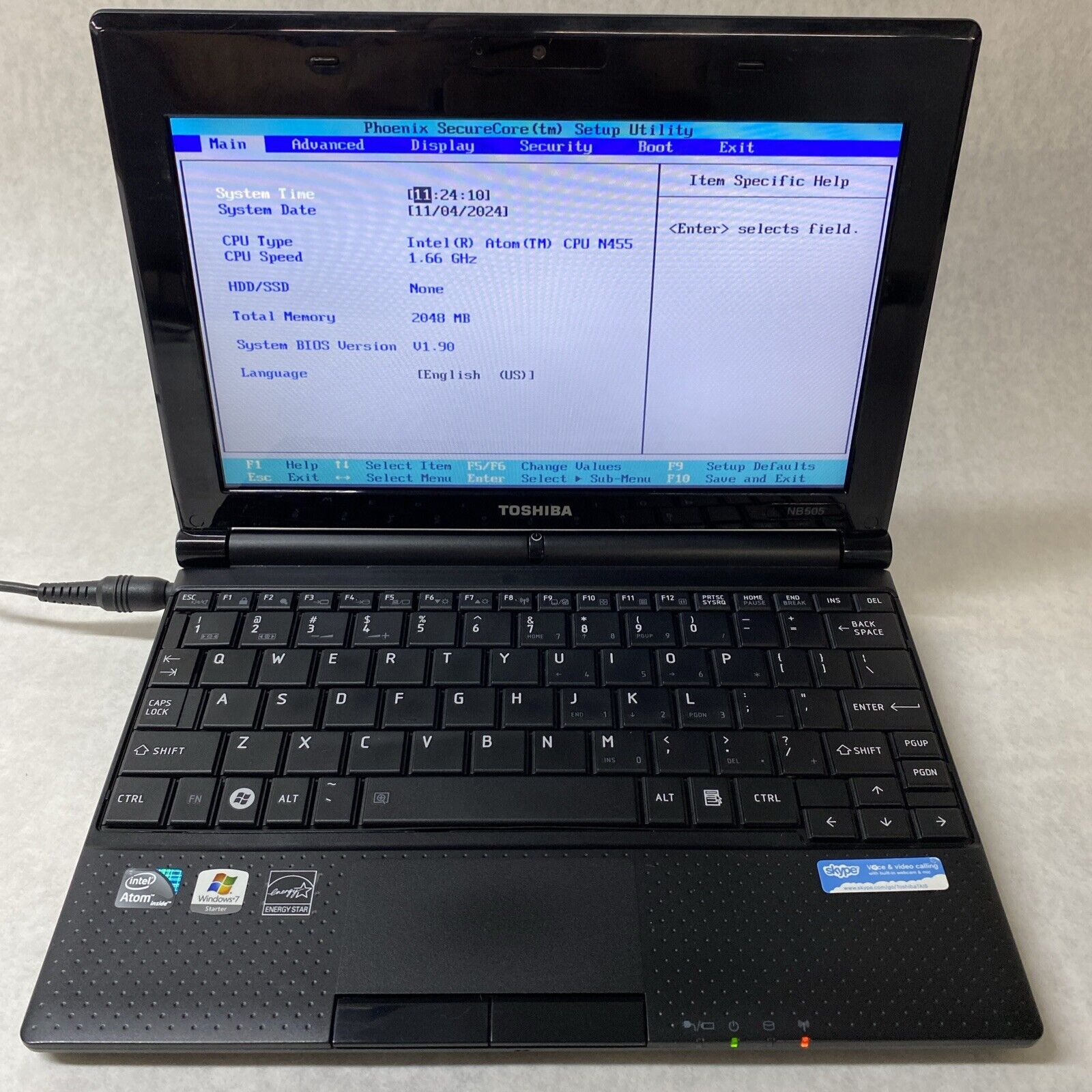 Toshiba Nb505-508bl 10.1" Intel ATOM N455 1.66GHz 2GB RAM No Battery No HDD OS