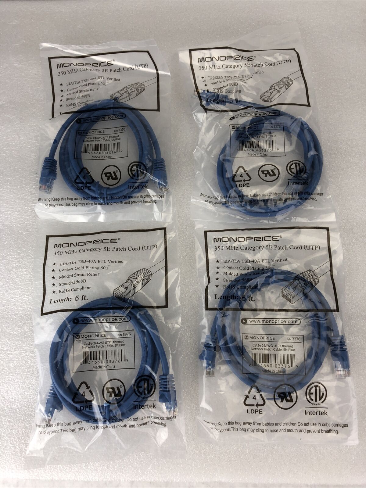 Monoprice Blue 5ft 5E Ethernet Patch Cord (UTP) - RJ45 350Mhz (Lot of 4)