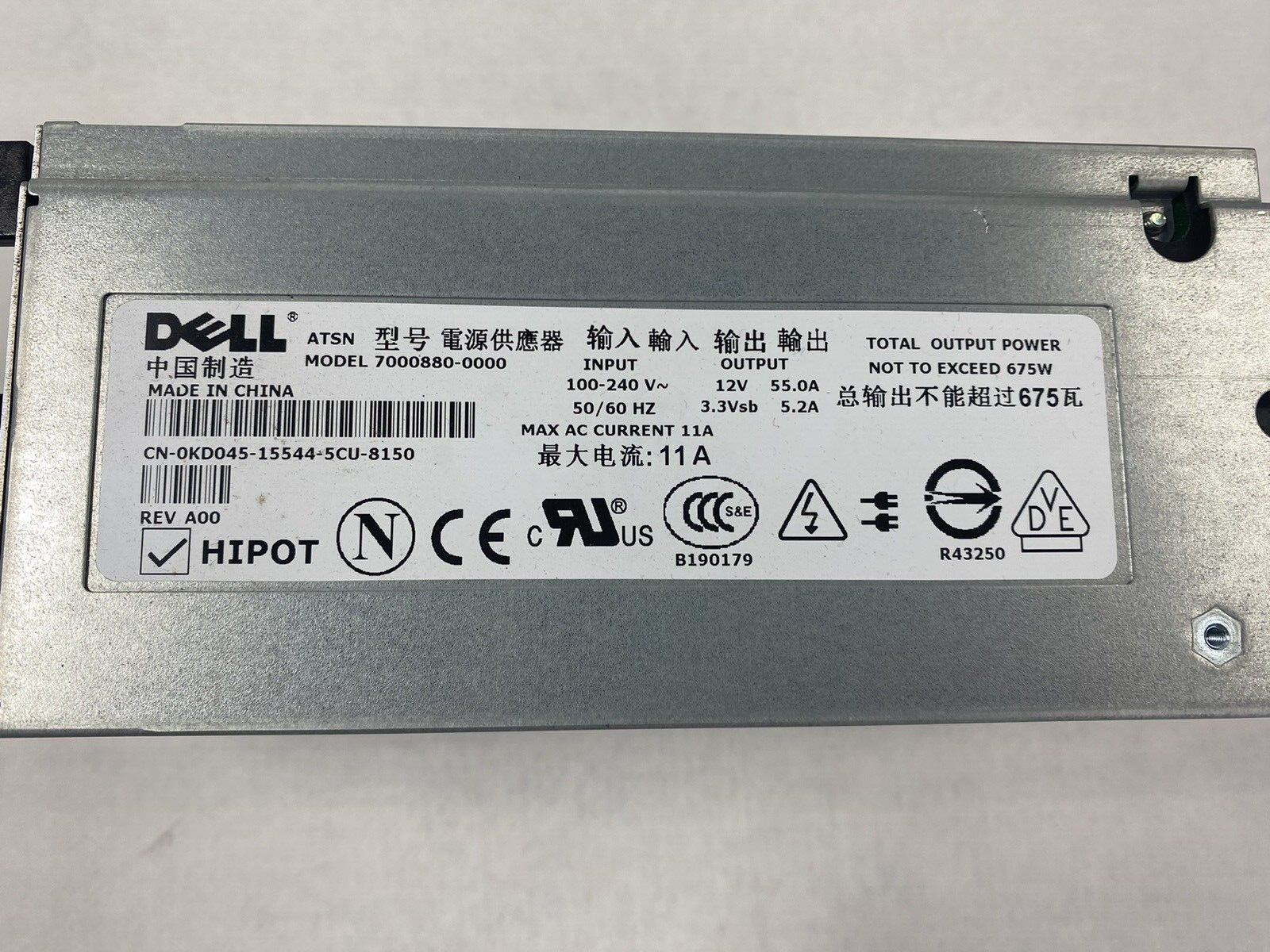 Dell 7000880-0000 DP/N: 0KD045 675W 12V 55.0A Power Supply Tested