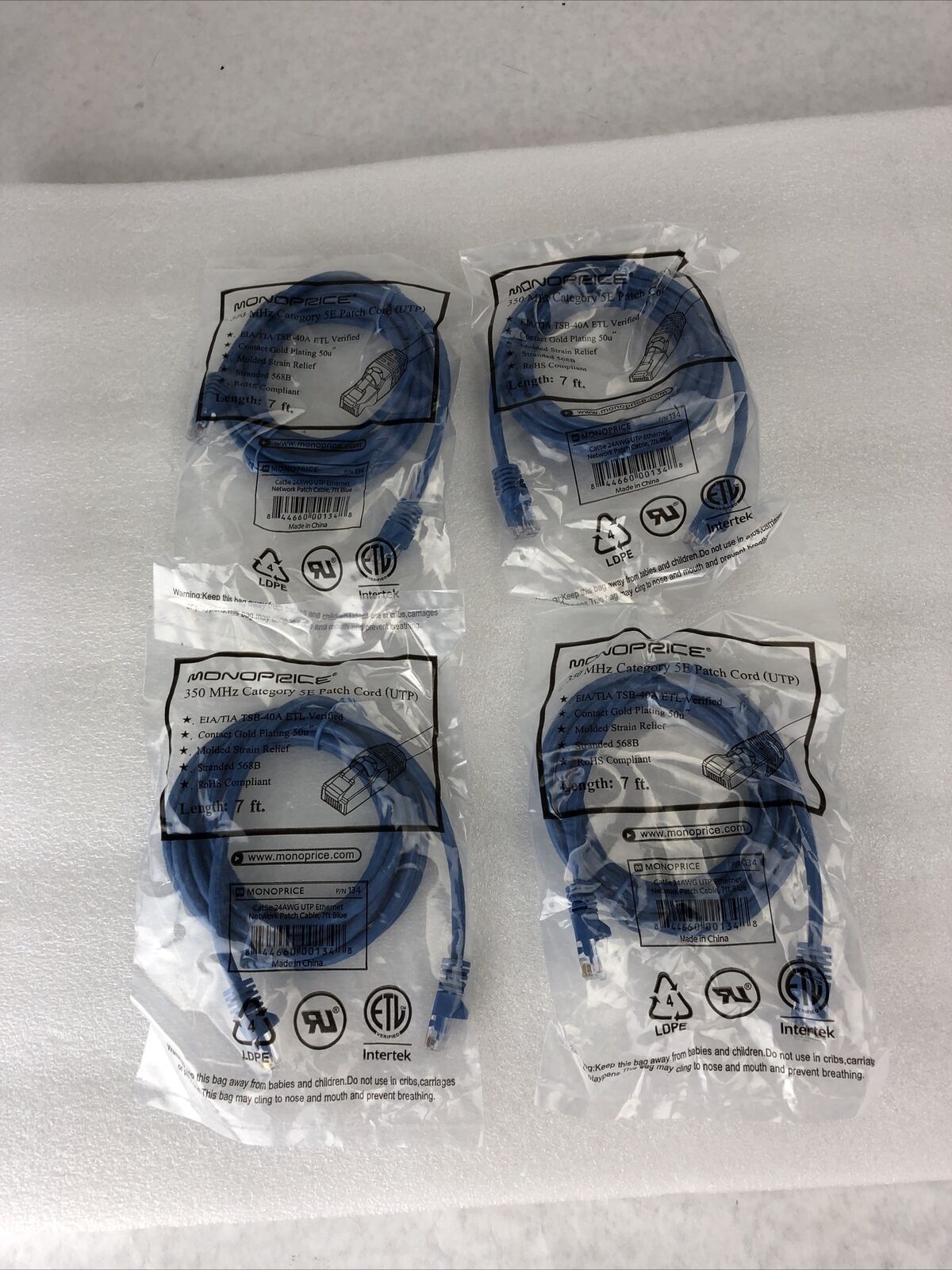 Monoprice Blue 7ft 5E Ethernet Patch Cord (UTP) - RJ45 350Mhz (Lot of 4)