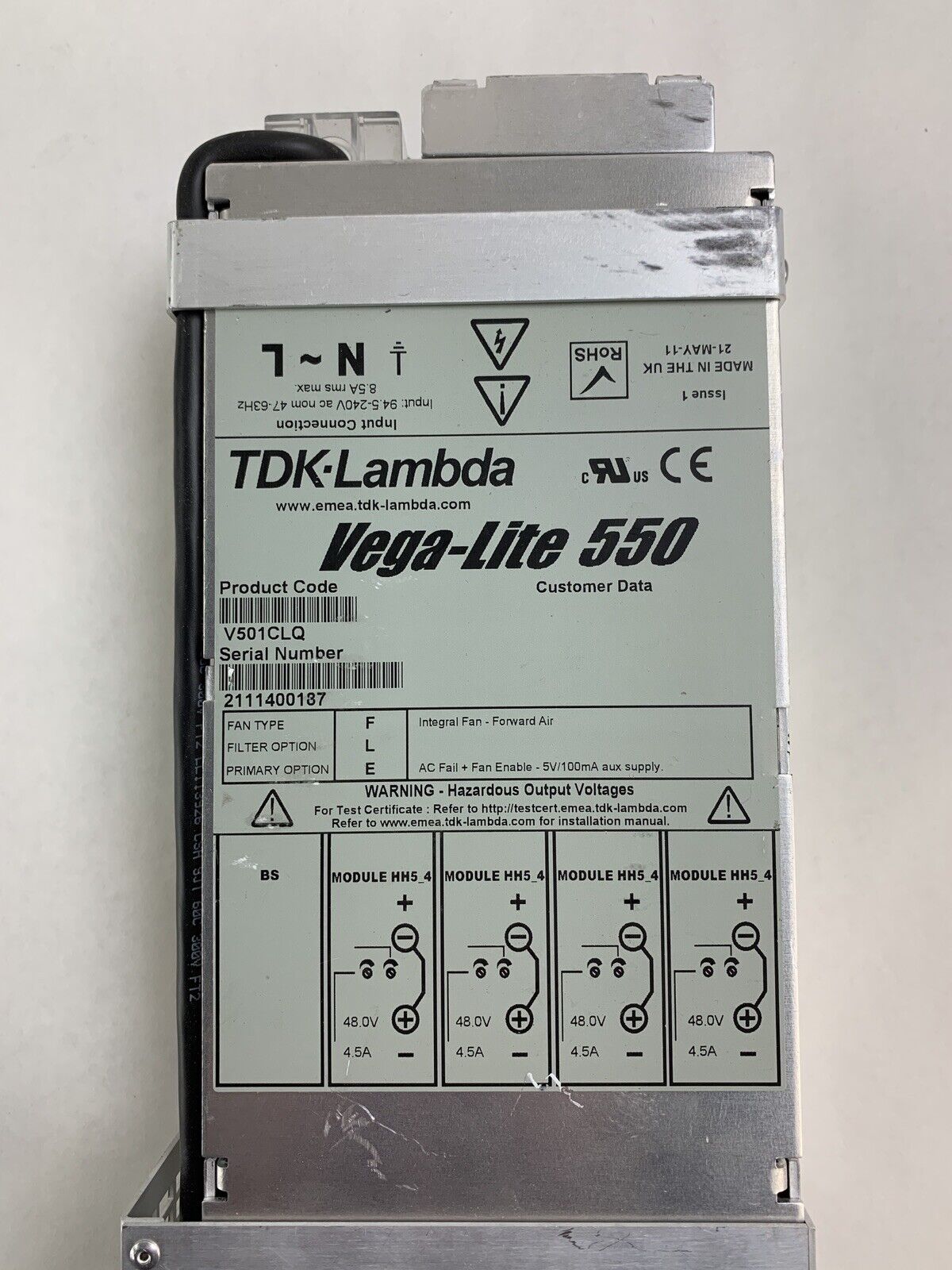 TDK Lambda Vega-Lite 550 Power Supply 94.5-240Vac 47-63Hz Cord Cut