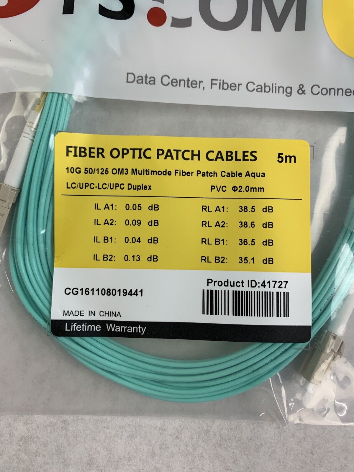 New FS.Com Fibre Optic Patch Cable 50/125 OM3 Multimode Color Aqua Length 5M