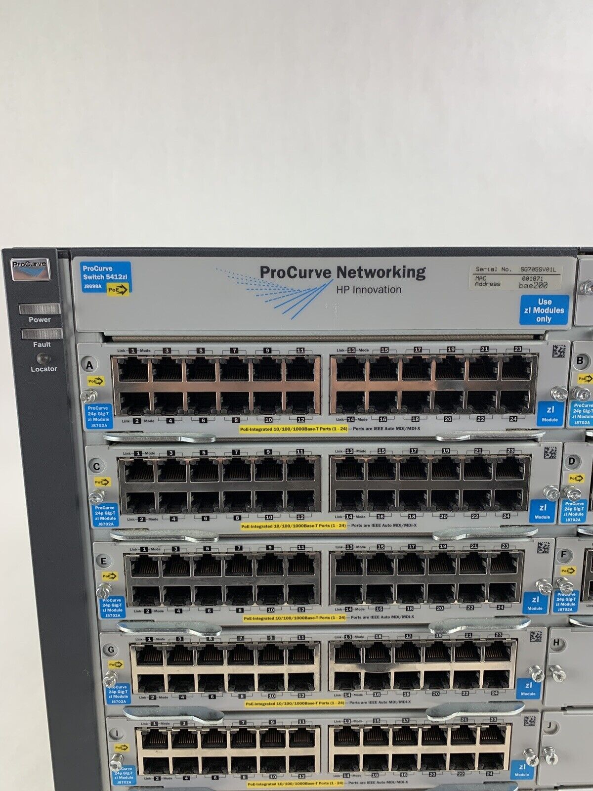 HP ProCurve J8698A 5412zl 8x J8702A 2x J8705A Gig PoE Network Switch Tested