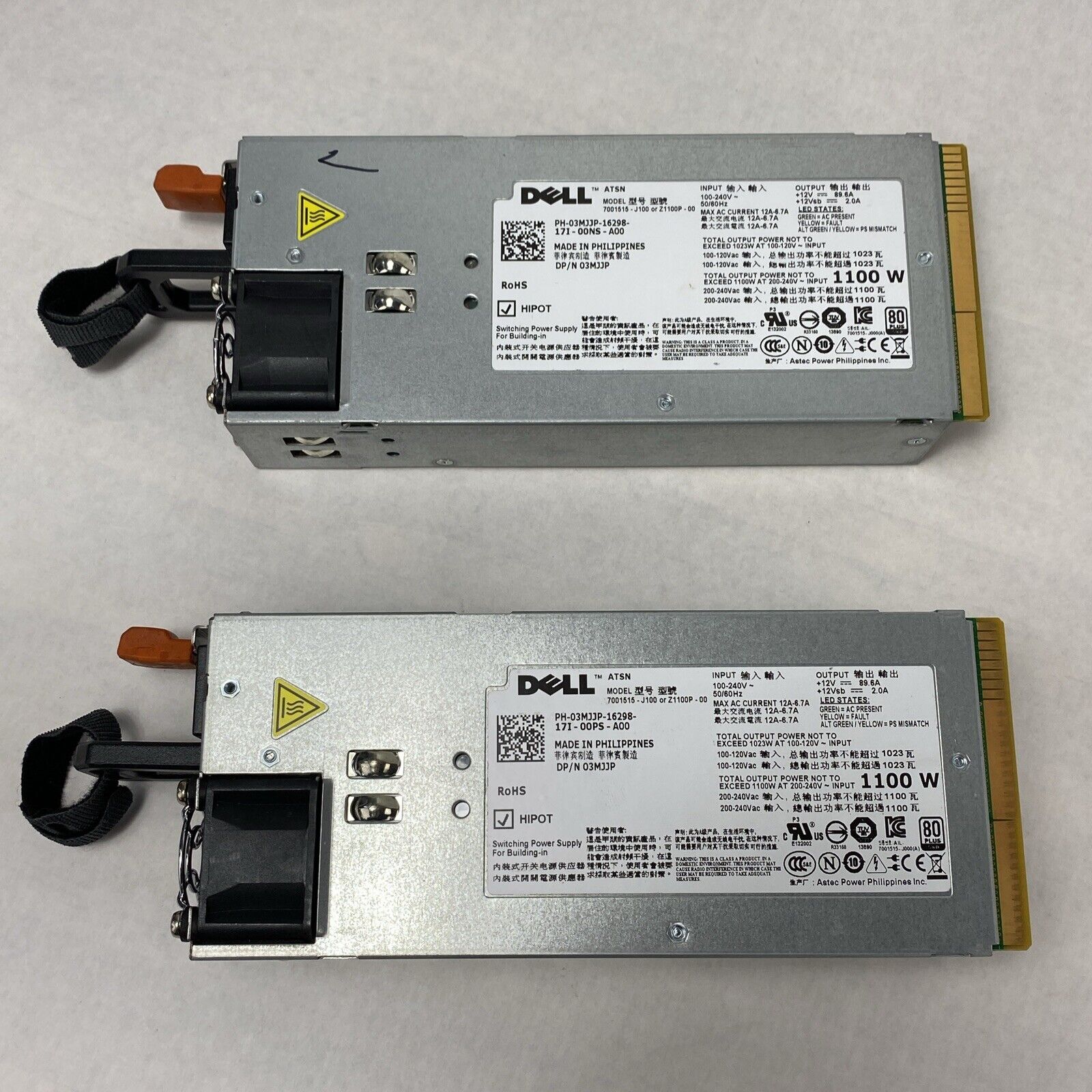 Lot of 2 Dell 7001515-J100 1100W Power Supply 3MJJP