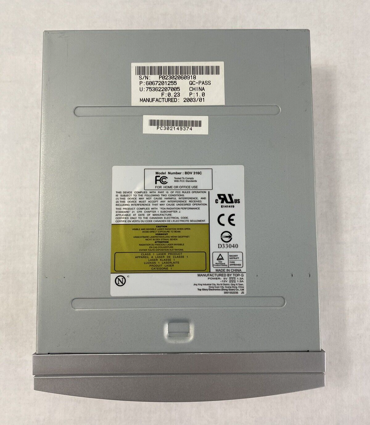 TOP-G BDV 316C Internal Optical DVD-ROM Disc Drive Untested