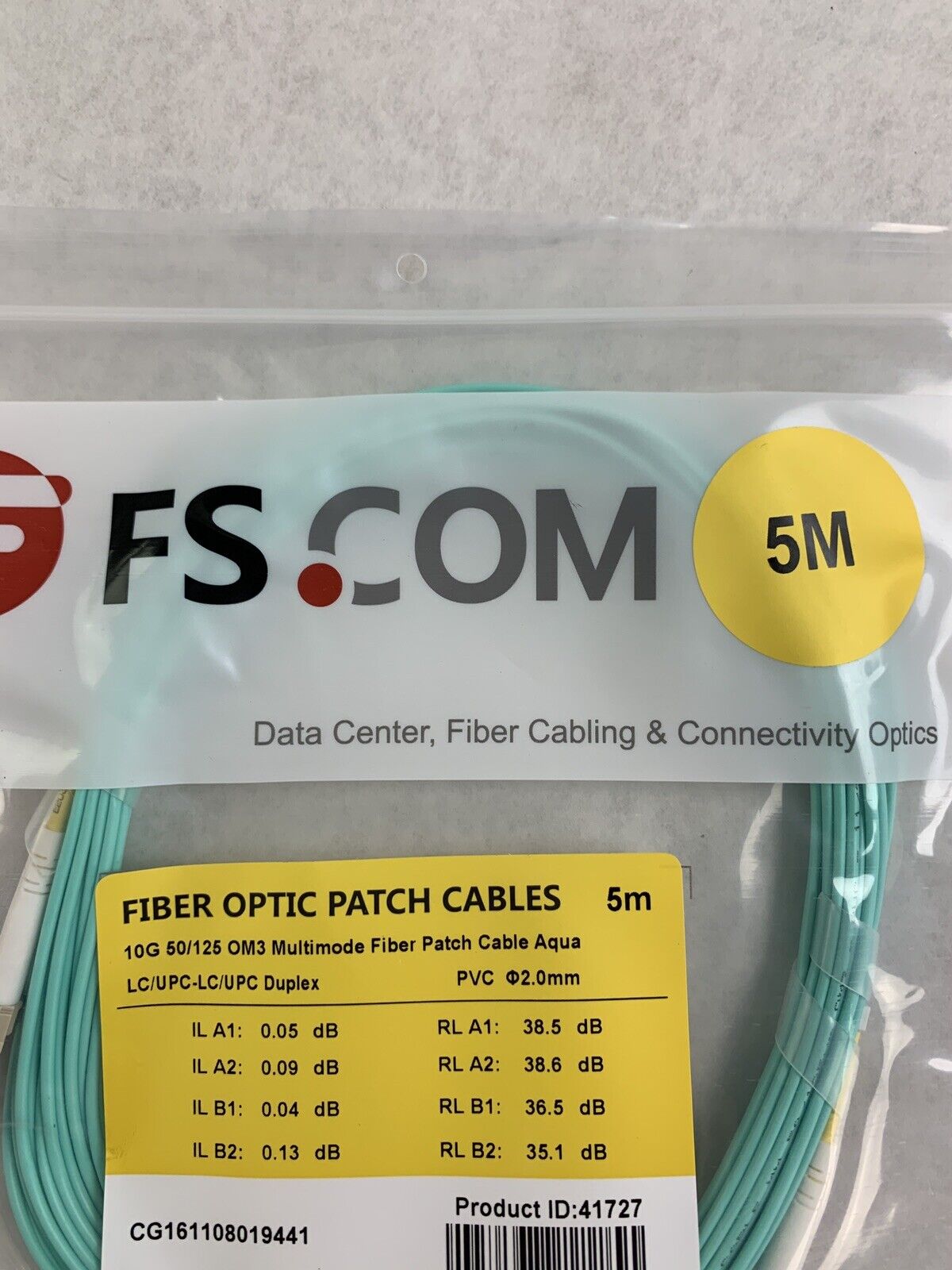 New FS.Com Fibre Optic Patch Cable 50/125 OM3 Multimode Color Aqua Length 5M