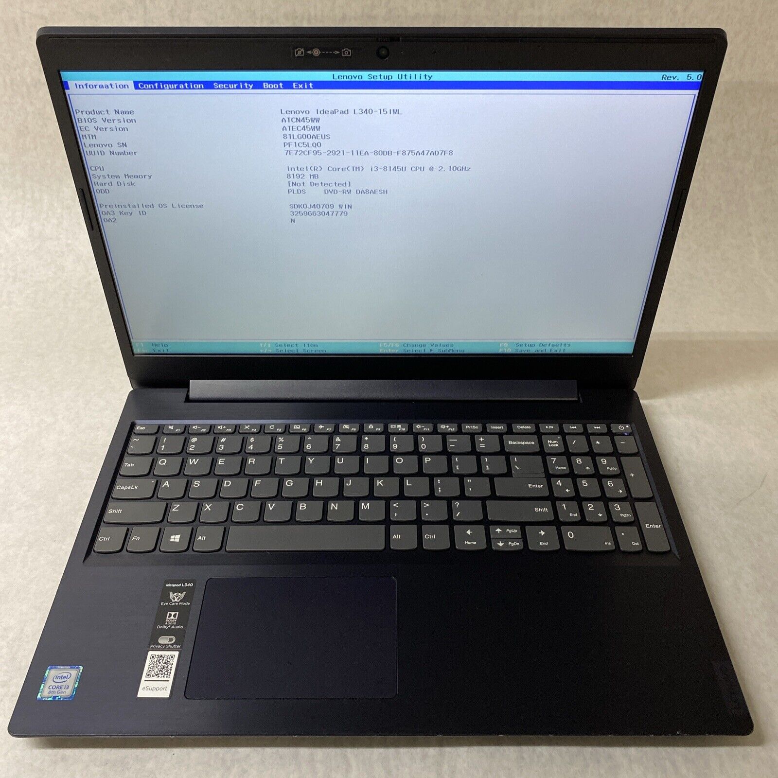 Lenovo IdeaPad L340-15IWL 15.6" Intel i3-8145U 8GB RAM No AC No HDD No OS