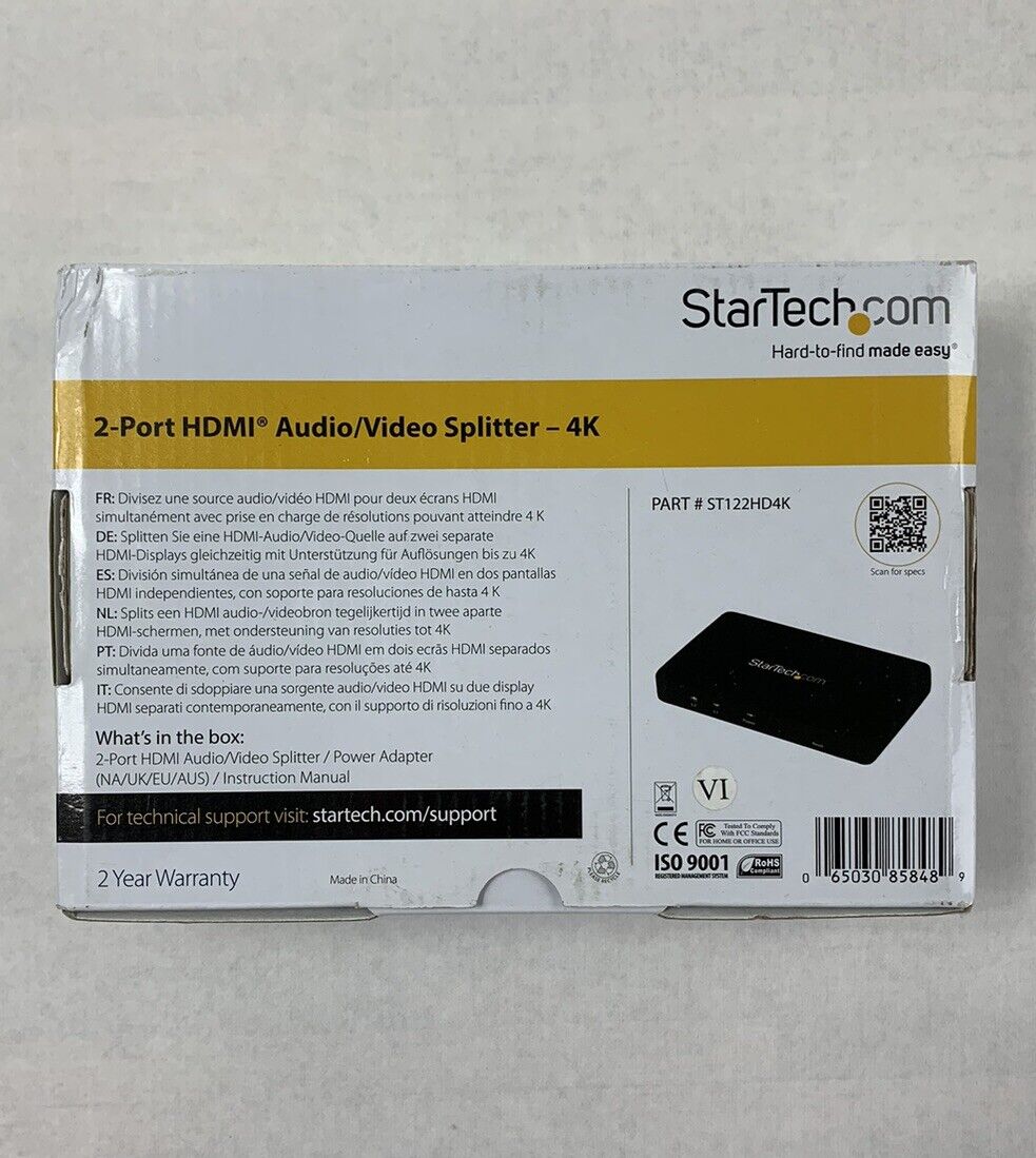 StarTech ST122HD4K 2-Port HDMI Audio Video Splitter 4K