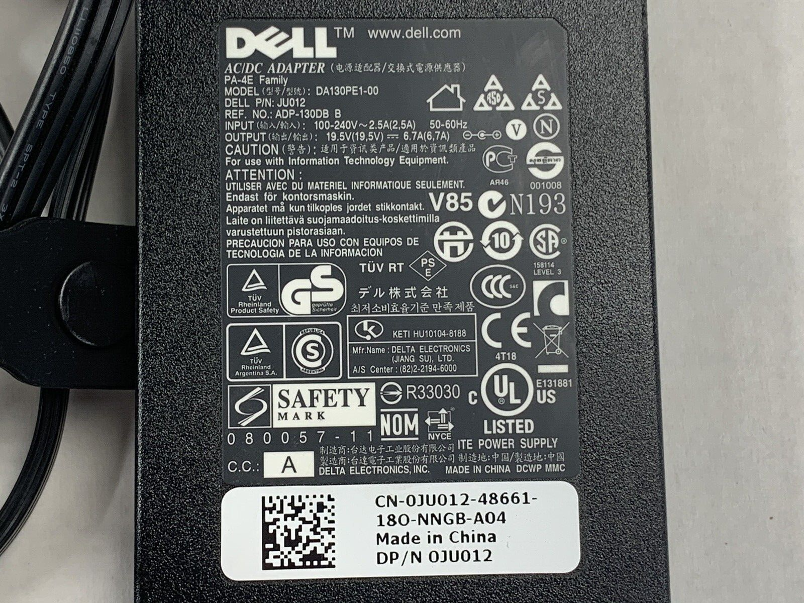 Dell DA130PE1-00 Laptop Charger 240V 60Hz 19.5V 0J0U12-48661-16A-0MSJ-A04