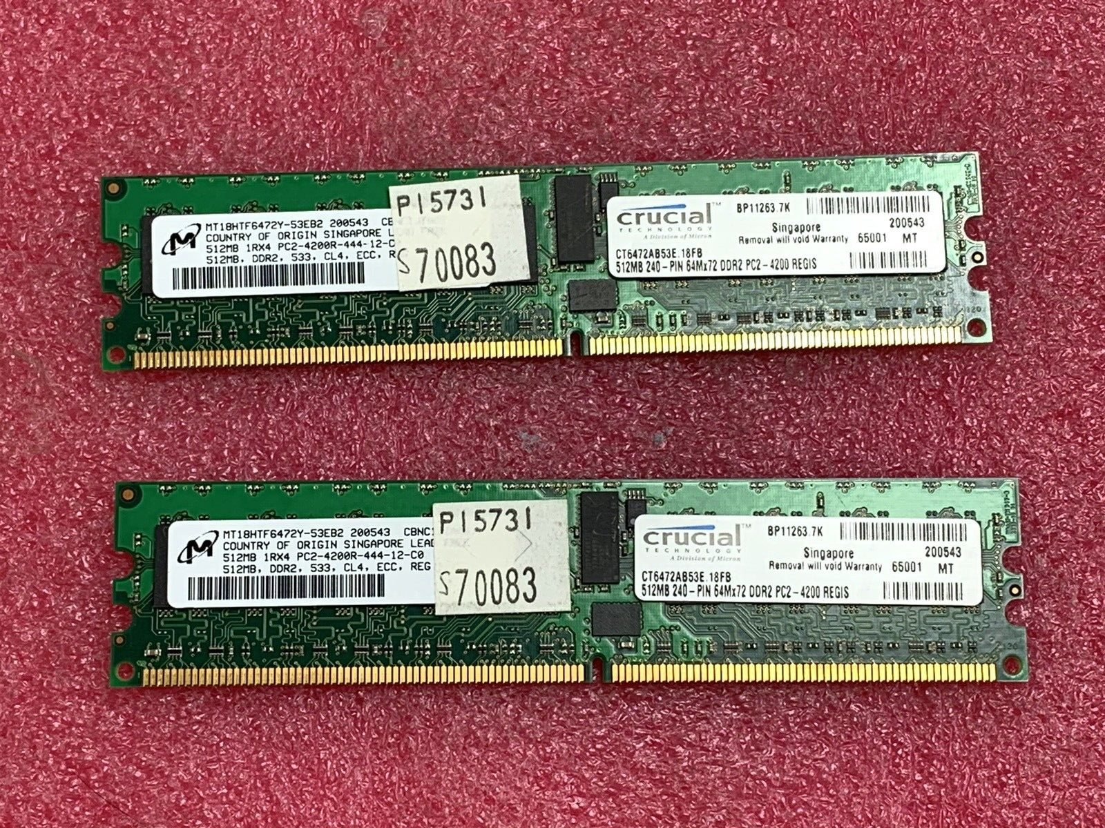 Micron (Lot of 2) 512 1Rx4 PC2-4200R-444-12-C0 Server Ram MT18HTF6472Y-53EB2