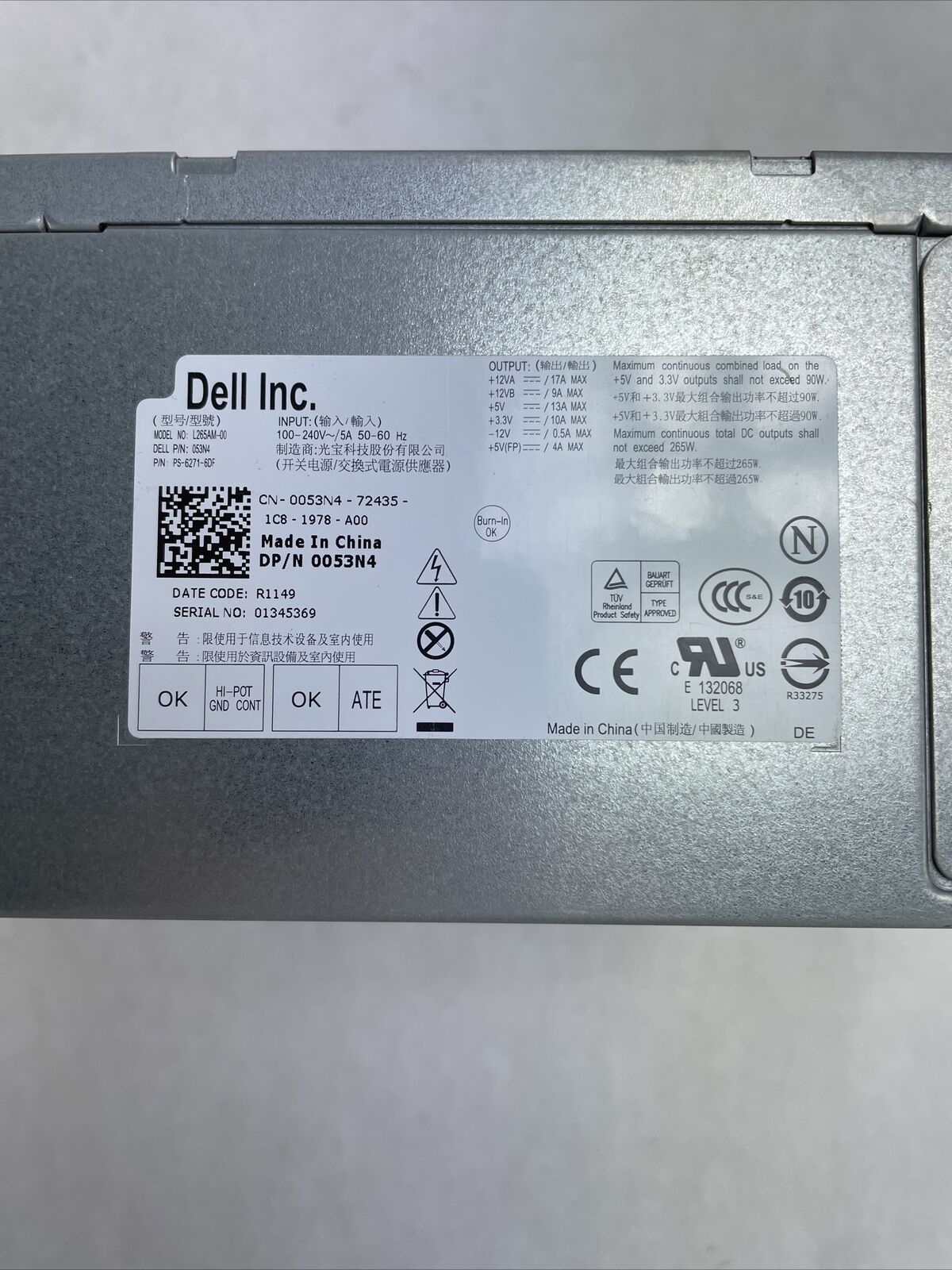 Dell L265AM-00 P/N 53N4 265W Power Supply