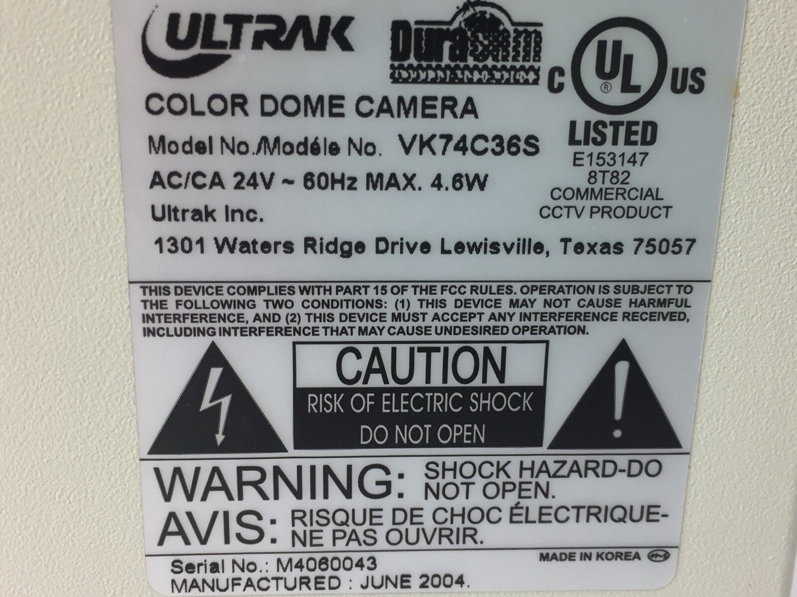 Ultrak Duracam Color Dome Camera VK74C36S