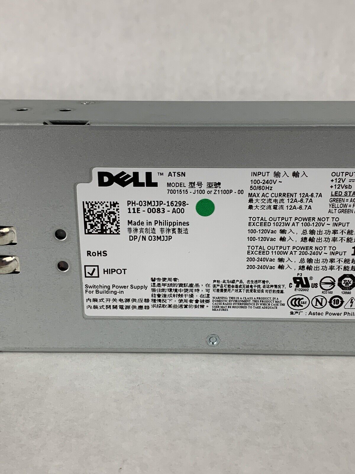 DELL 7001515-J100 Z1100P-00 Switching Power Supply 1100 W 03MJJP Tested