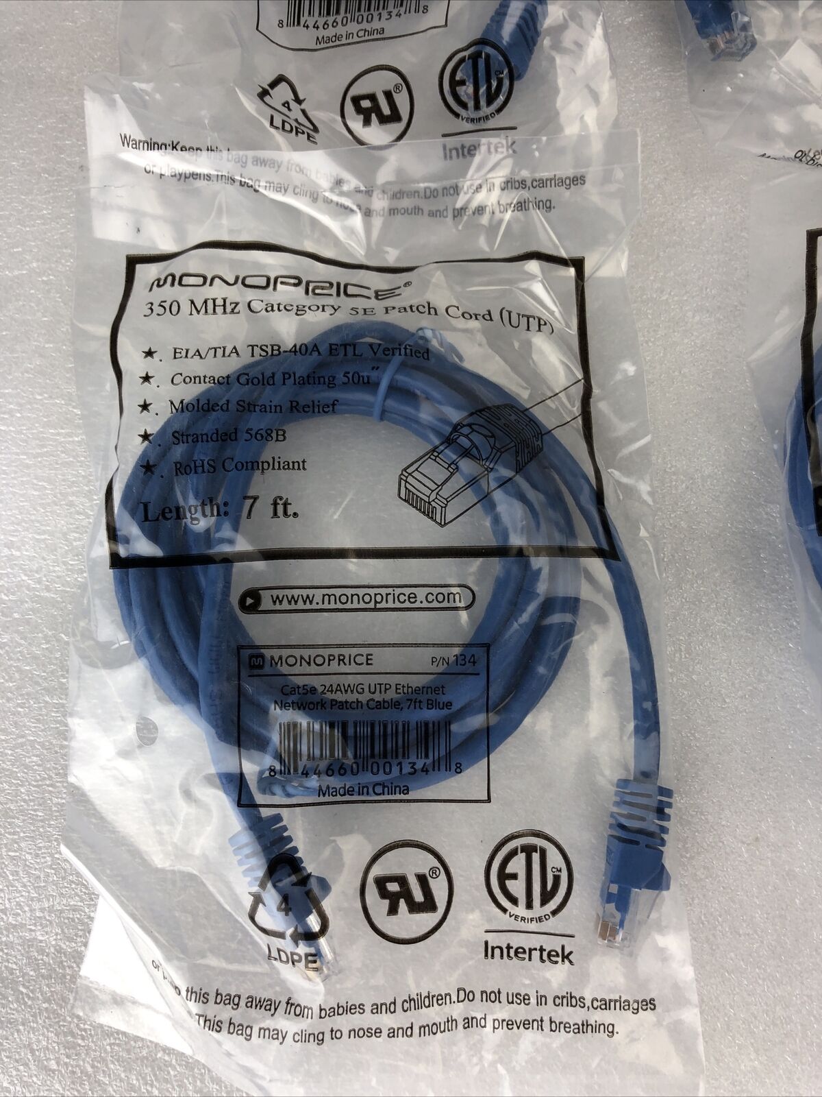 Monoprice Blue 7ft 5E Ethernet Patch Cord (UTP) - RJ45 350Mhz (Lot of 4)