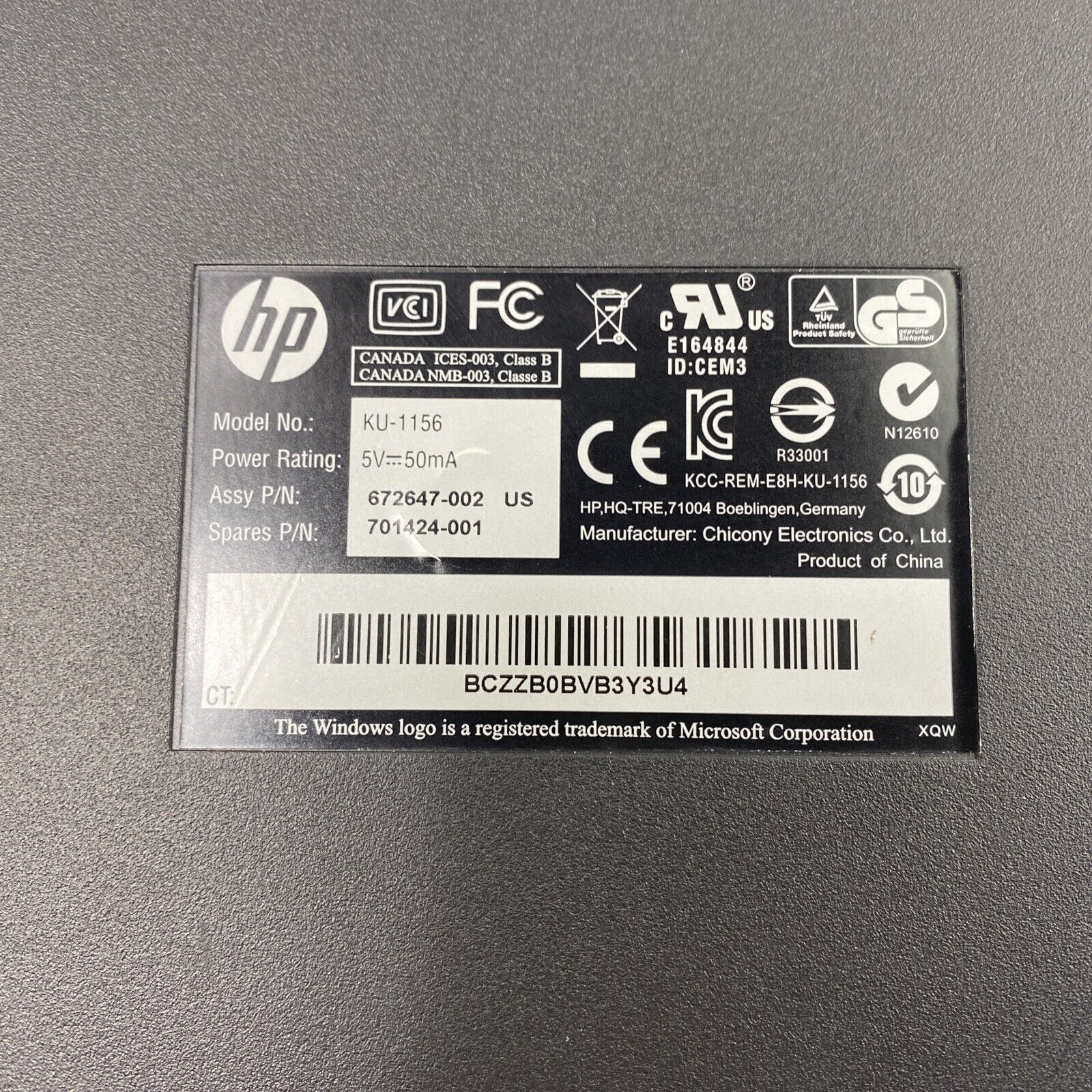 HP 701424-001 USB Desktop Office Quiet Keys KU-1156 Keyboard 672647-00 Black