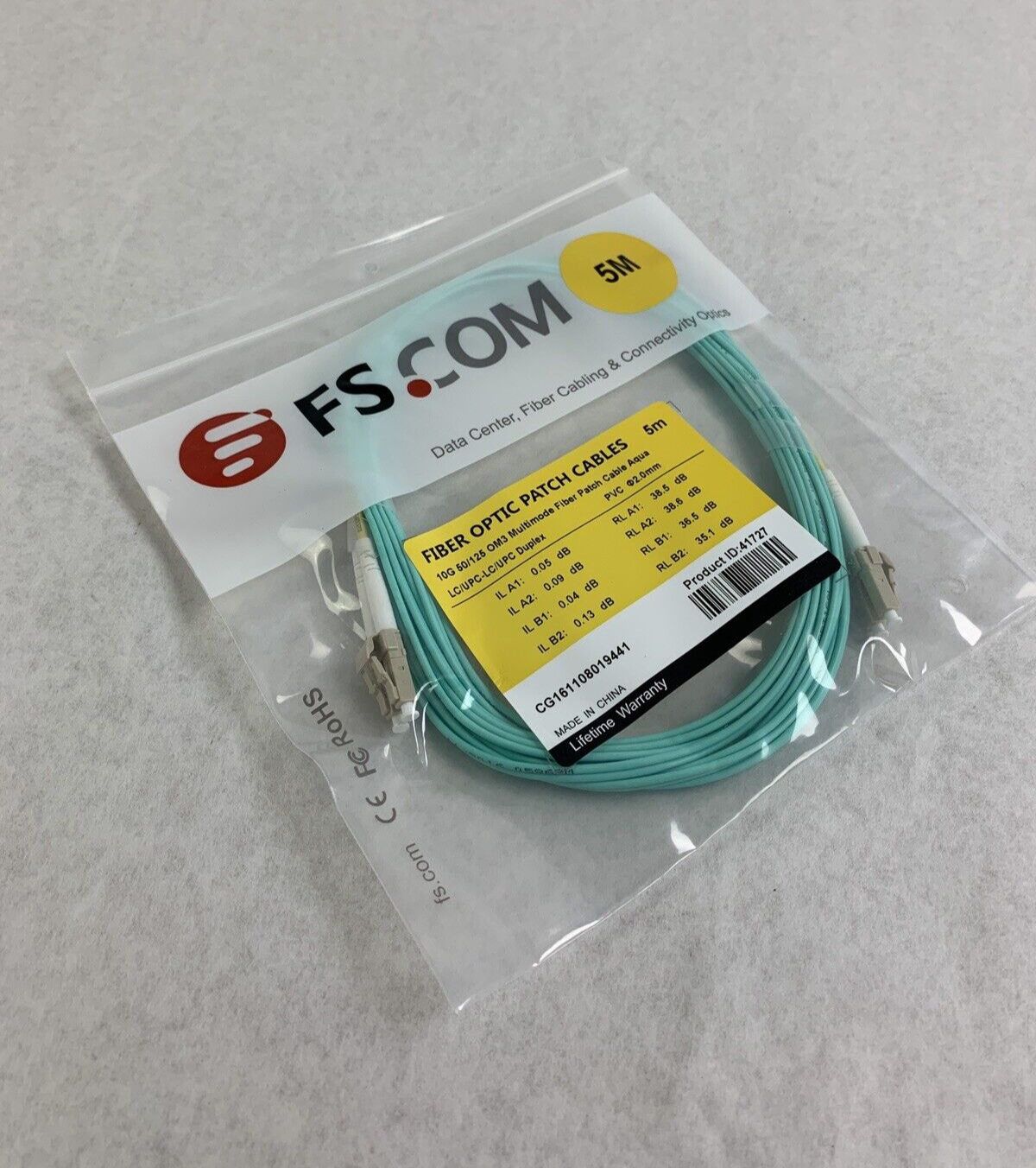 New FS.Com Fibre Optic Patch Cable 50/125 OM3 Multimode Color Aqua Length 5M