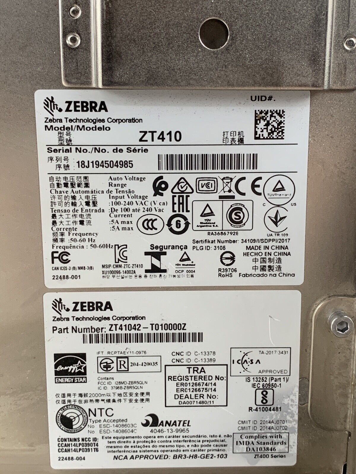 Zebra ZT410 Direct Thermal USB Barcode Printer No Printhead or Ribbon For Parts