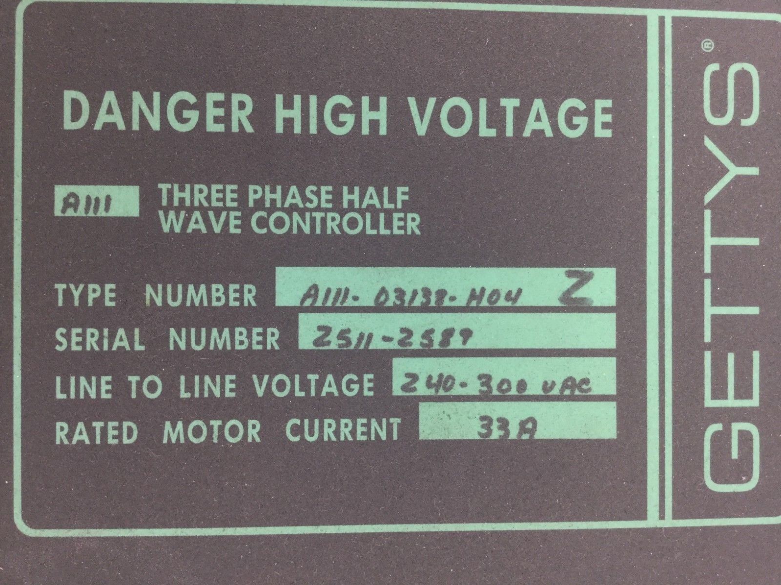 GETTYS Three Phase Half Wave Controller  A111-03138-H04  240-300 VAC