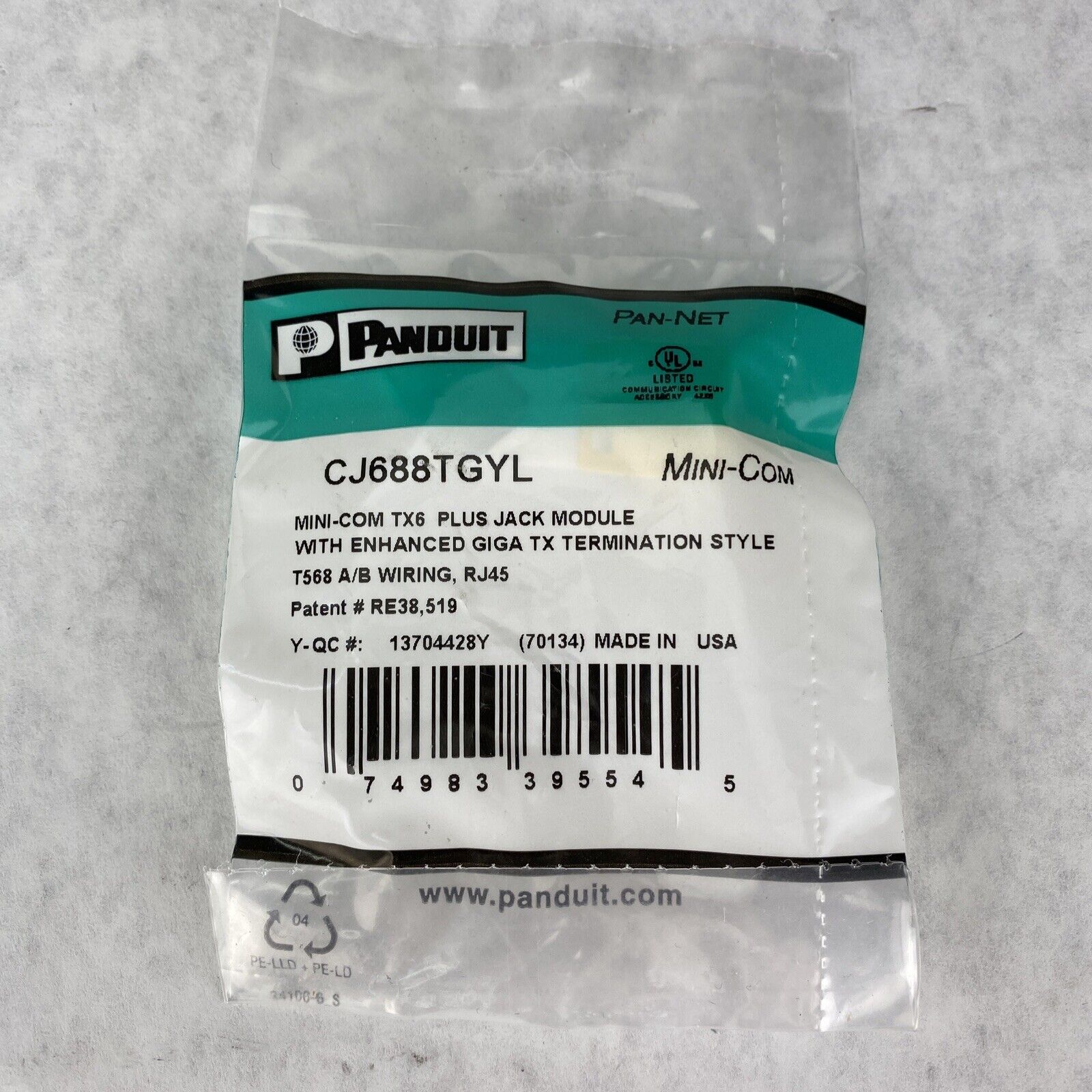 Panduit CJ688TGYL Mini-Com TX6 PLUS TG Style UTP Jack Module Yellow