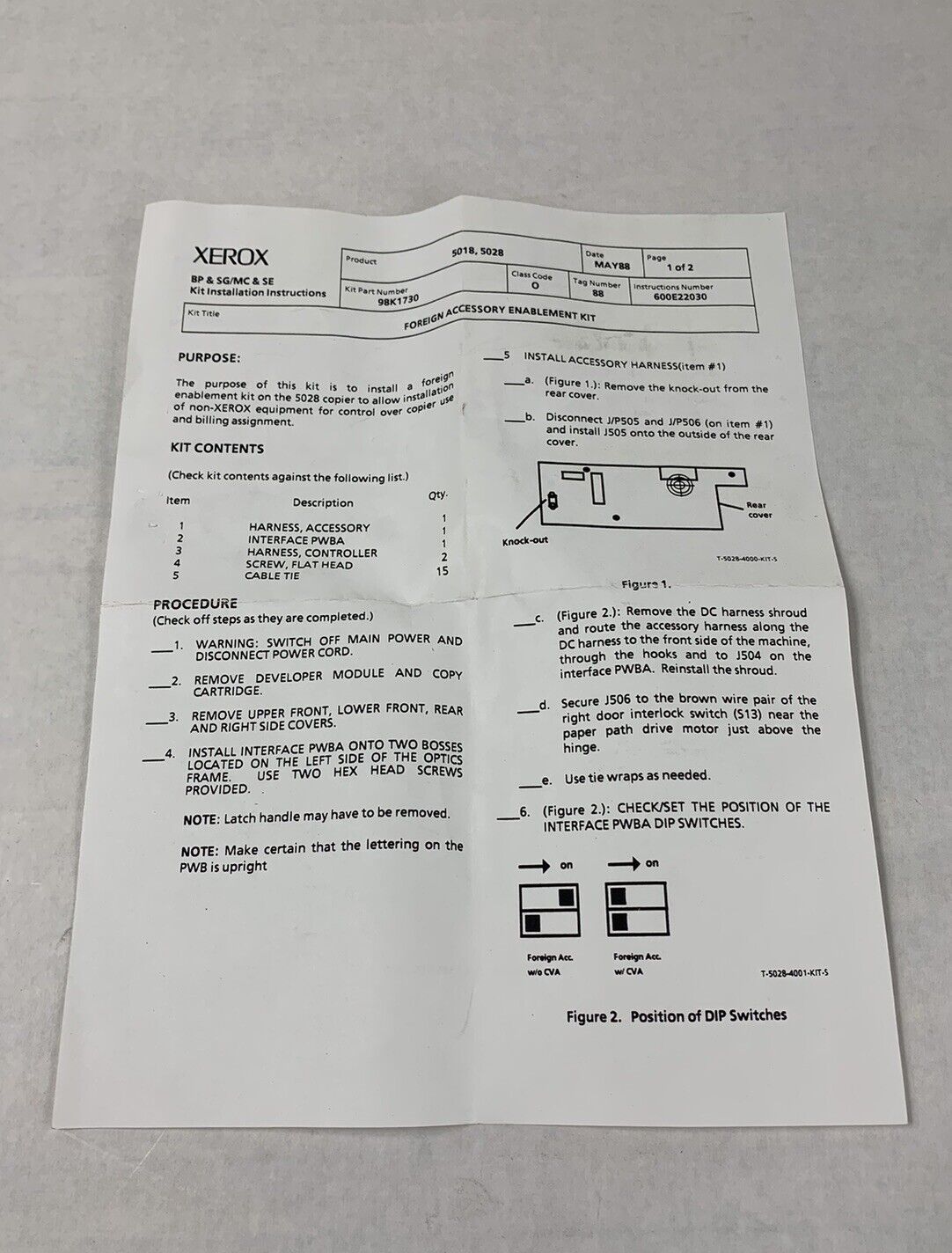 Xerox Vintage Foreign Accessory Enablement Kit 98K1730