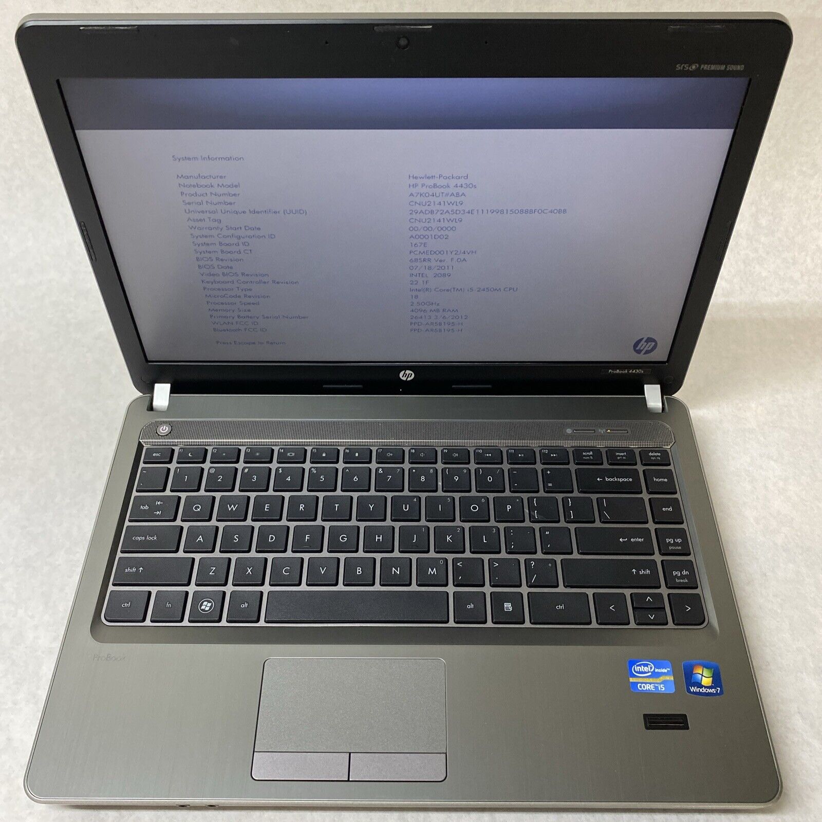 HP ProBook 4430s 14'' Intel Core i5-2450M 2.50GHz 4GB RAM No AC HDD OS