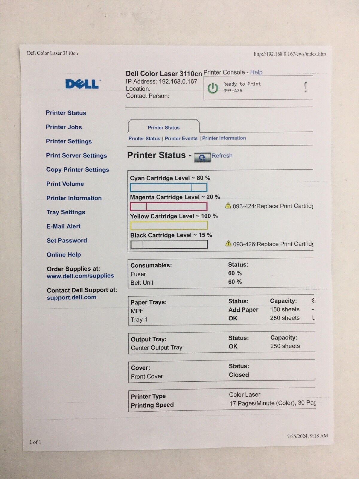 Dell Color Laser Printer 3110cn Workgroup Laser Printer 74K Prints Tested