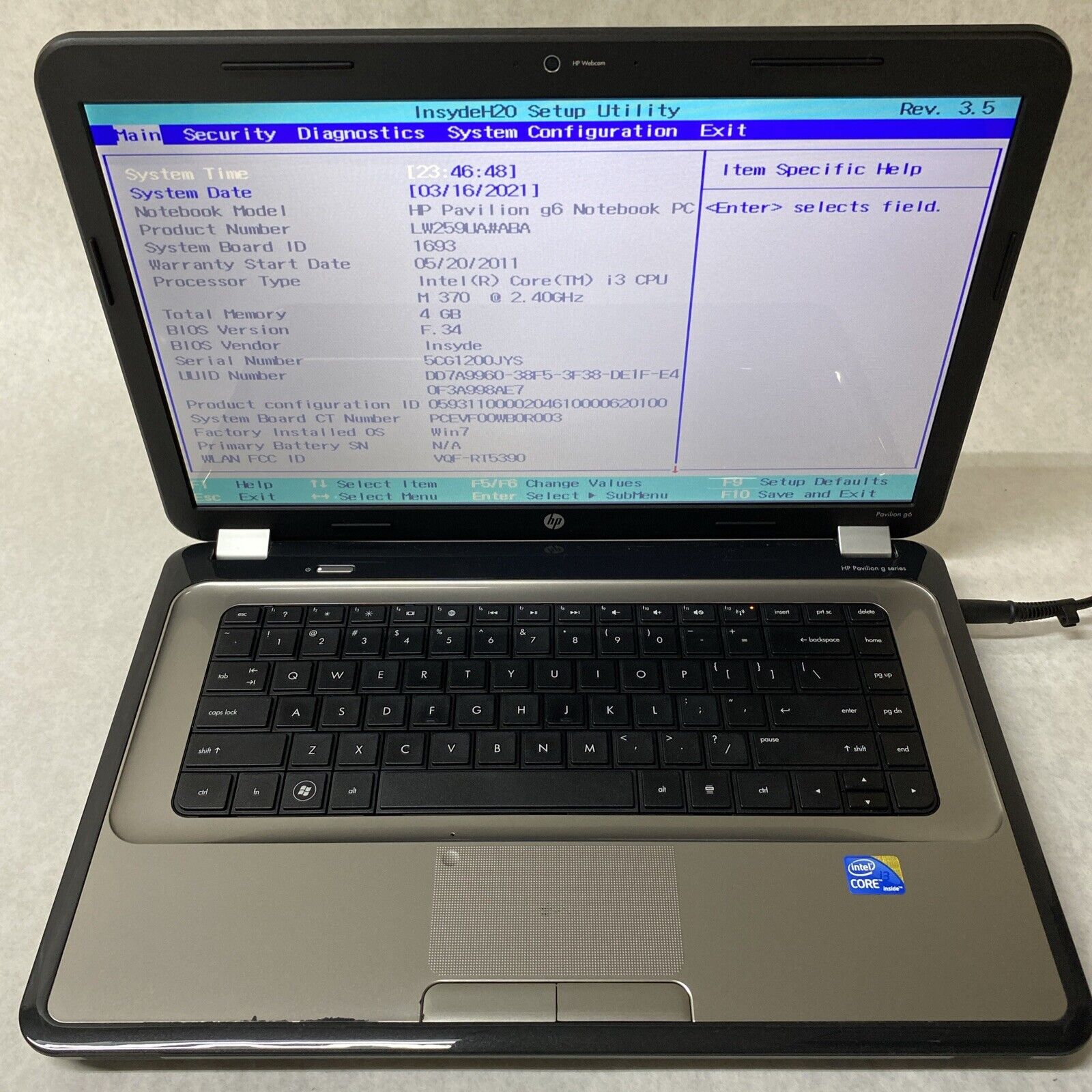 HP Pavilion g6-1b79dx 15.6" Core i3 M370 2.40GHz 4GB RAM No Battery No HDD No OS