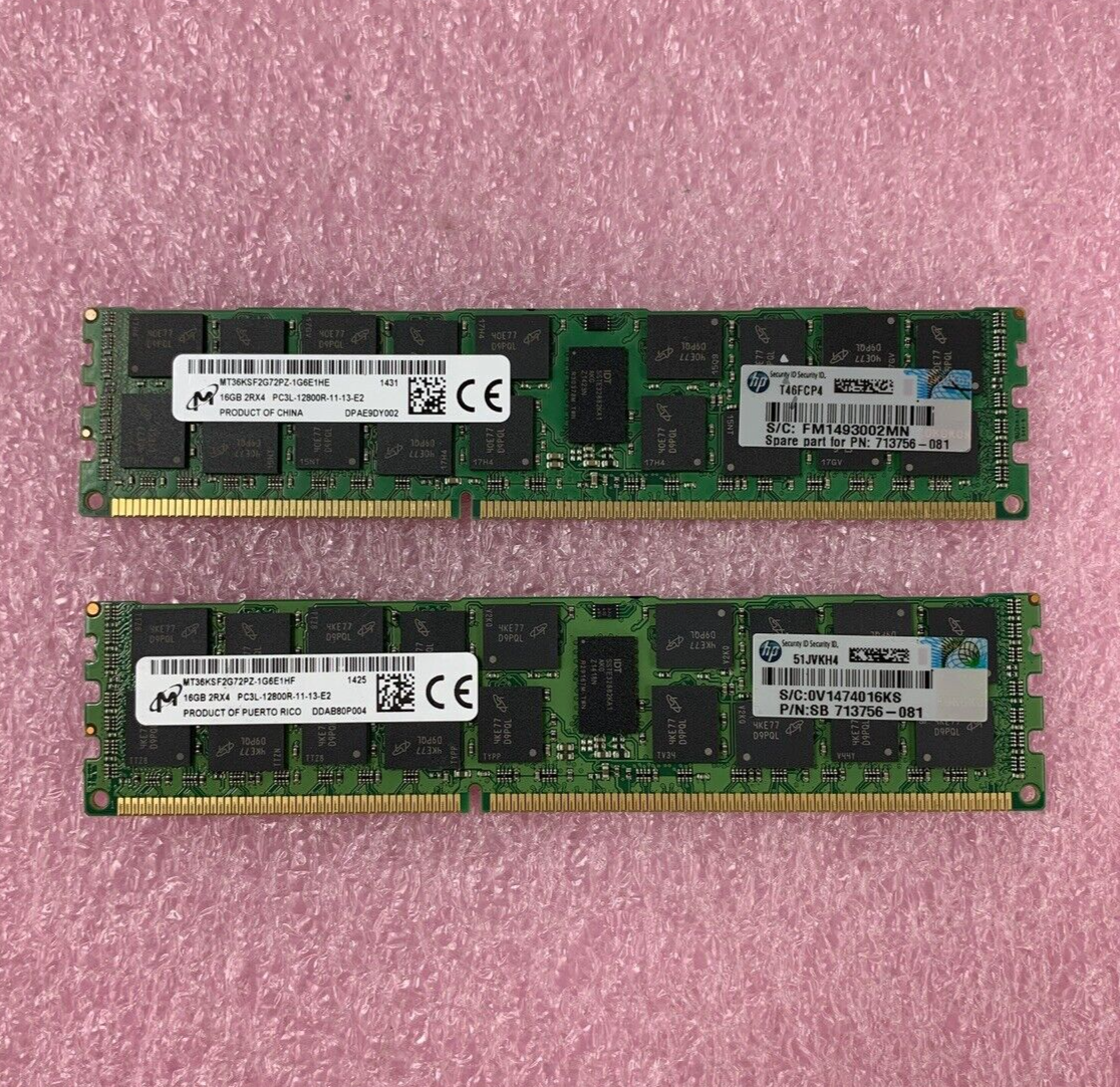 Lot of 2 Micron MT36KSF2G72PZ-1G6E1HE 16GB DDR3 SDRAM PC3L-12800 RAM Memory