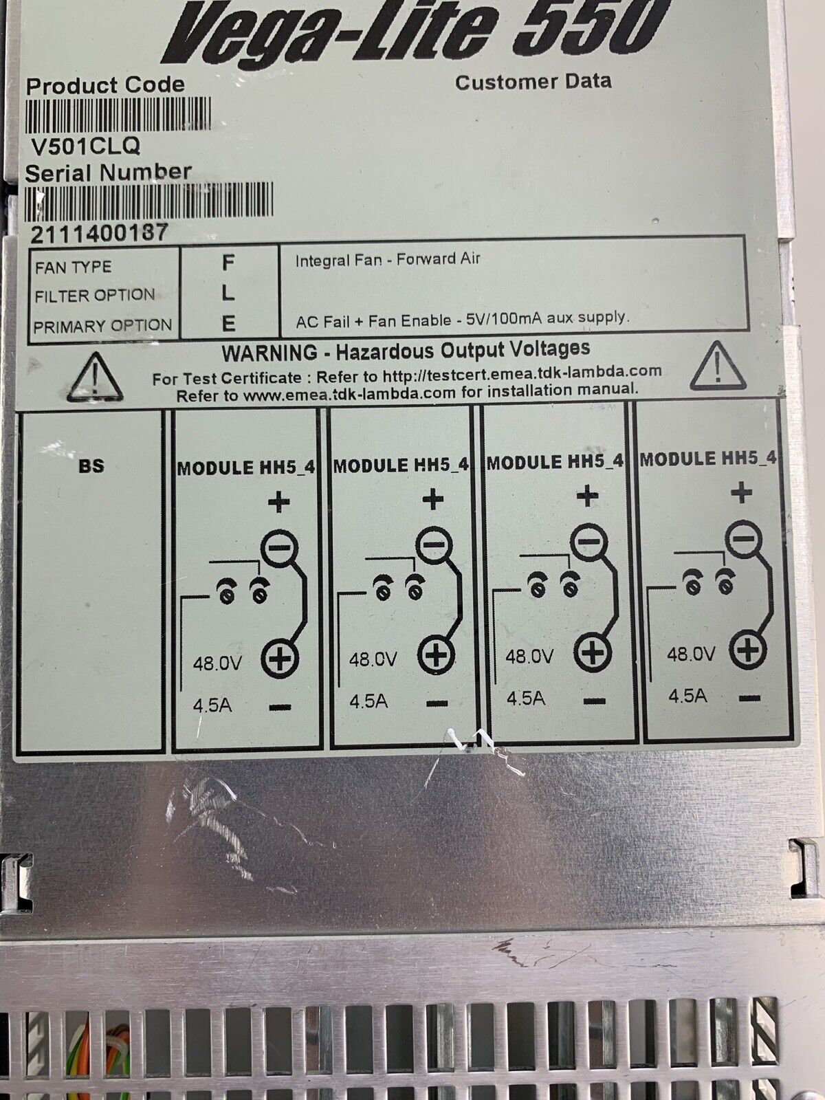 TDK Lambda Vega-Lite 550 Power Supply 94.5-240Vac 47-63Hz Cord Cut