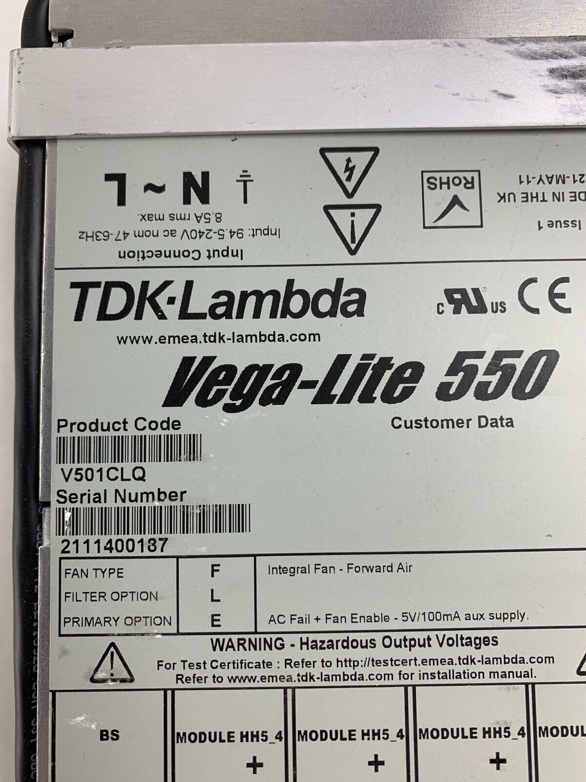 TDK Lambda Vega-Lite 550 Power Supply 94.5-240Vac 47-63Hz Cord Cut