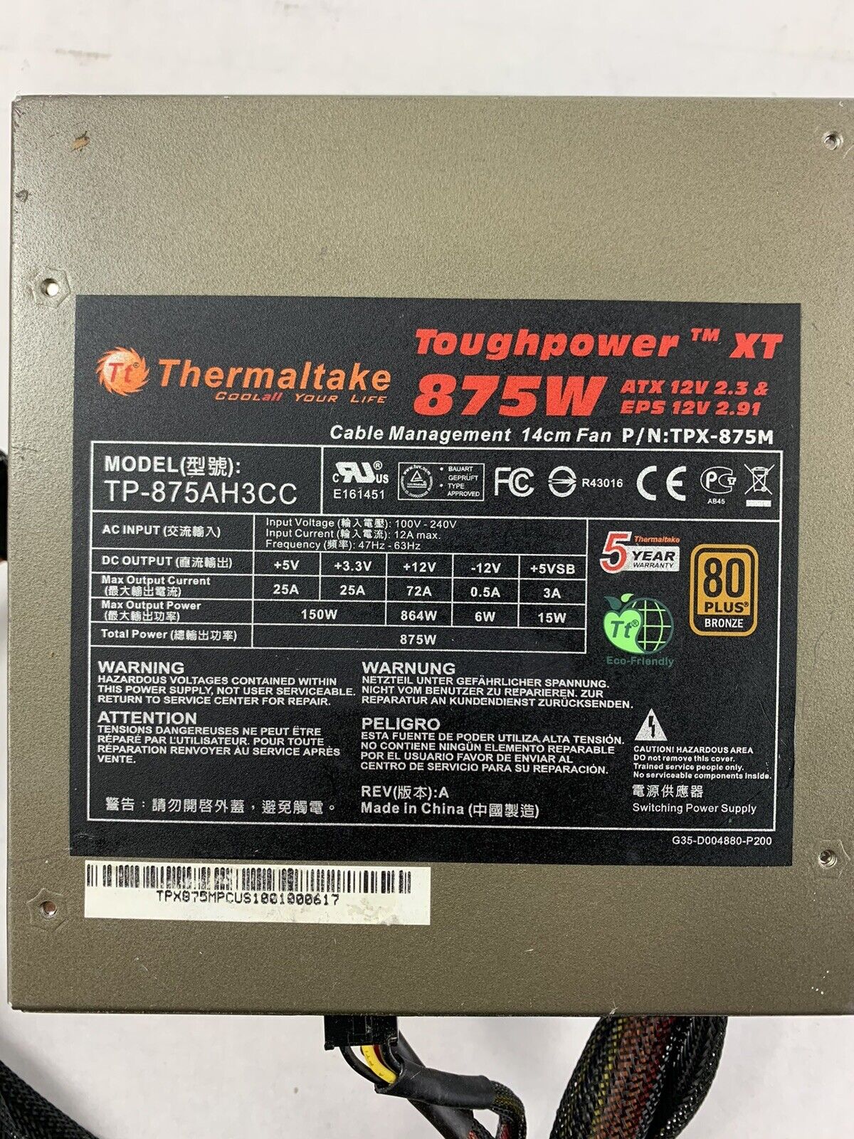 Thermaltake TP-875AH3CC Toughpower 875W Power Supply