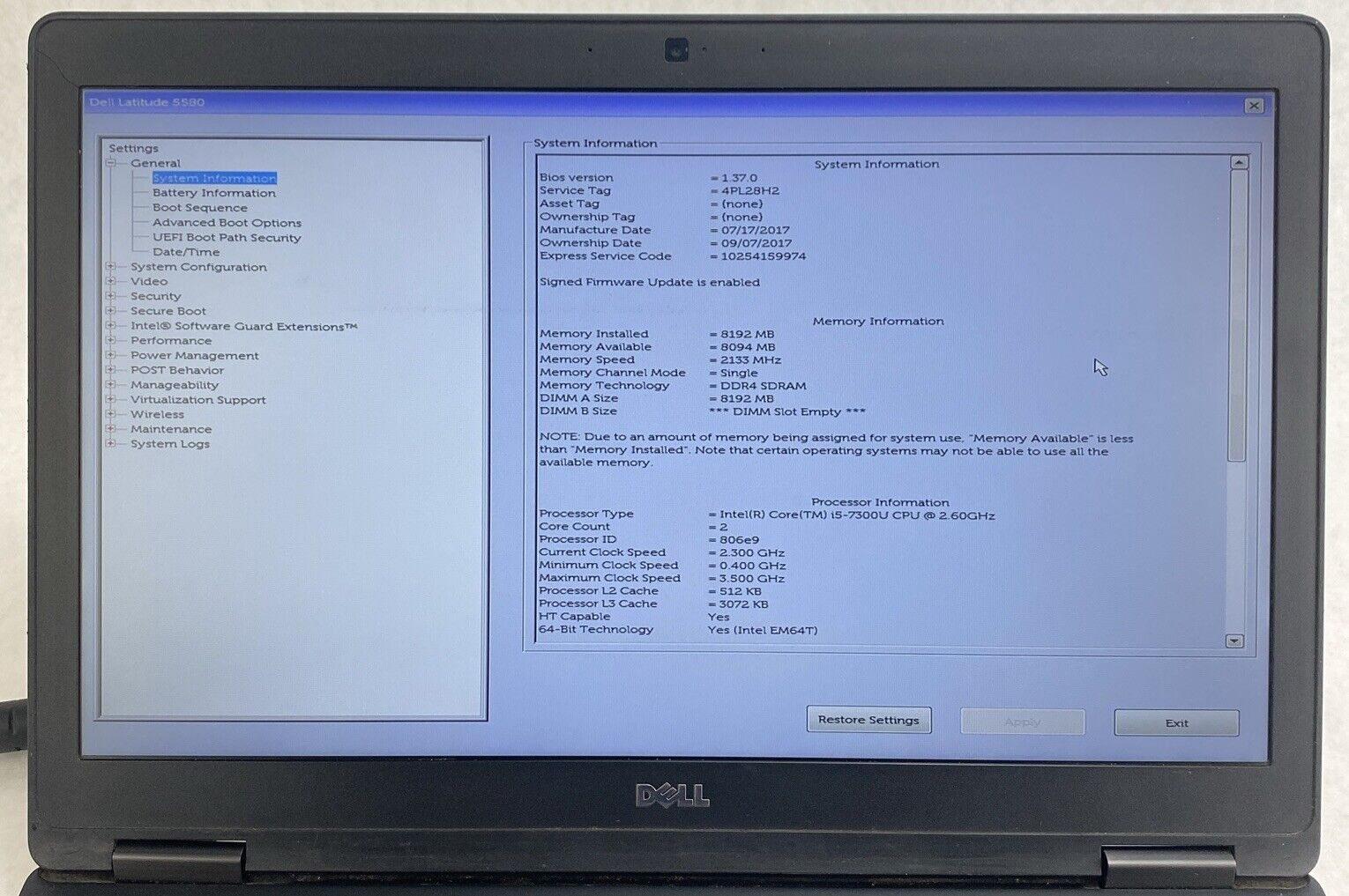 Dell Latitude 5580 Core i5-7300U 2.6GHz 8GB RAM 15.6" No Battery No HDD No OS