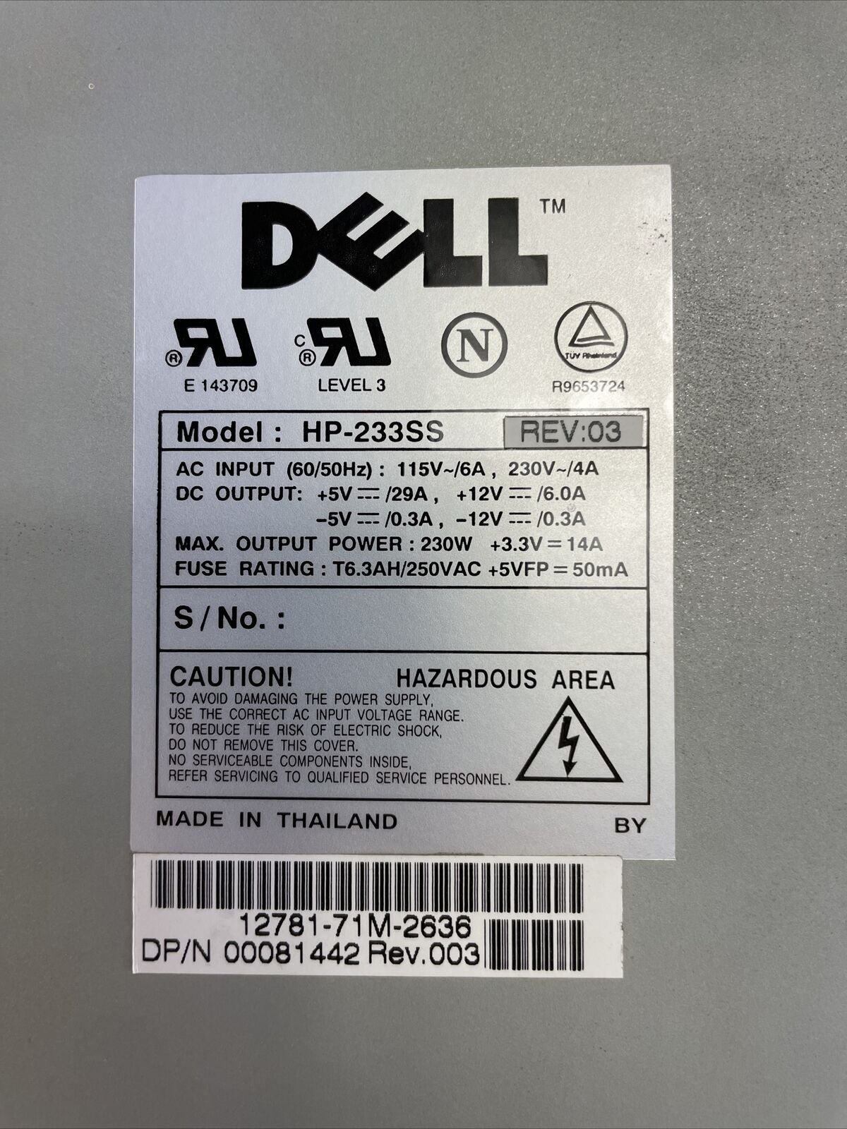 Dell HP-233SS 230W Power Supplu Rev3