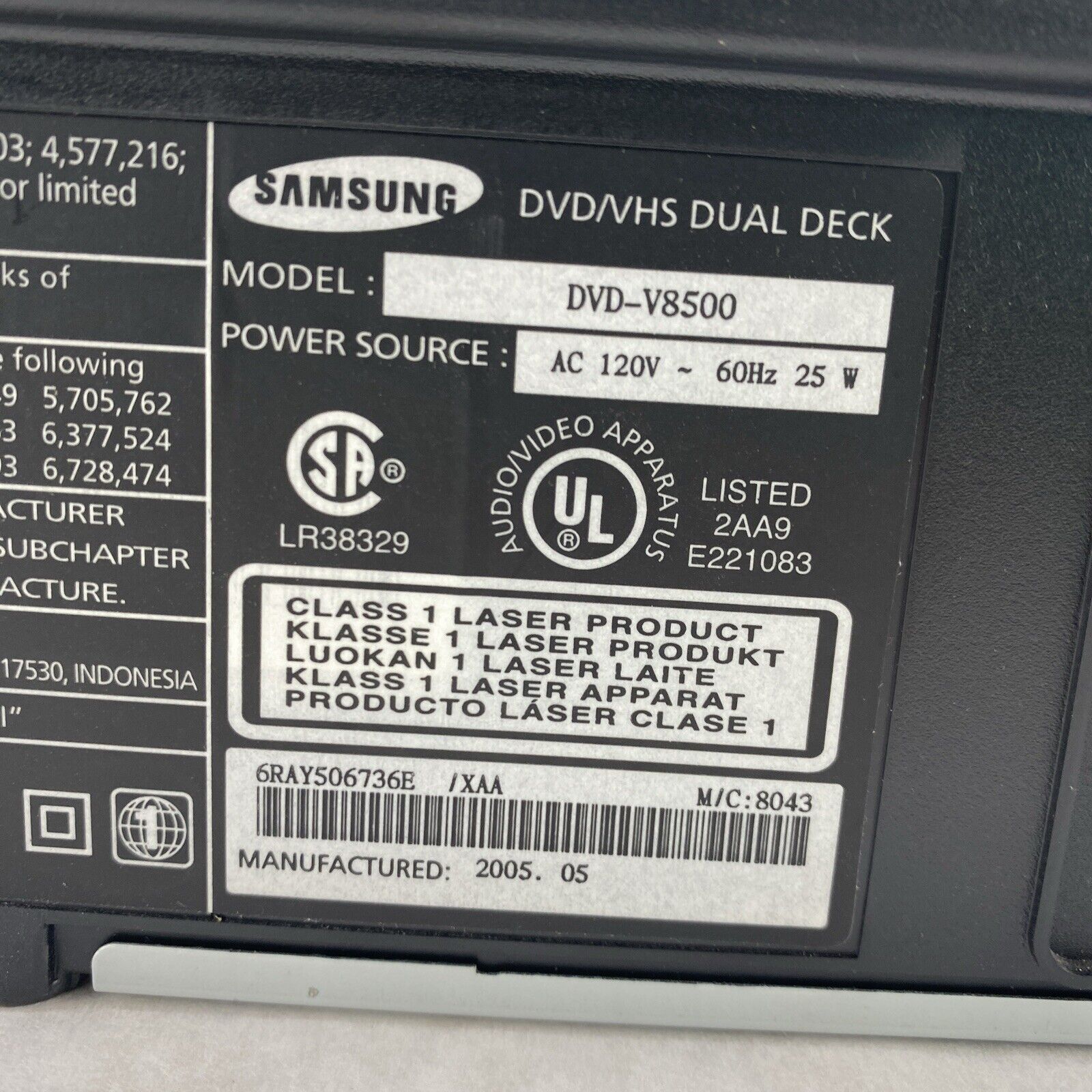 Samsung DVD-V8500 DVD VCR Combo Player No Remote BAD DVD