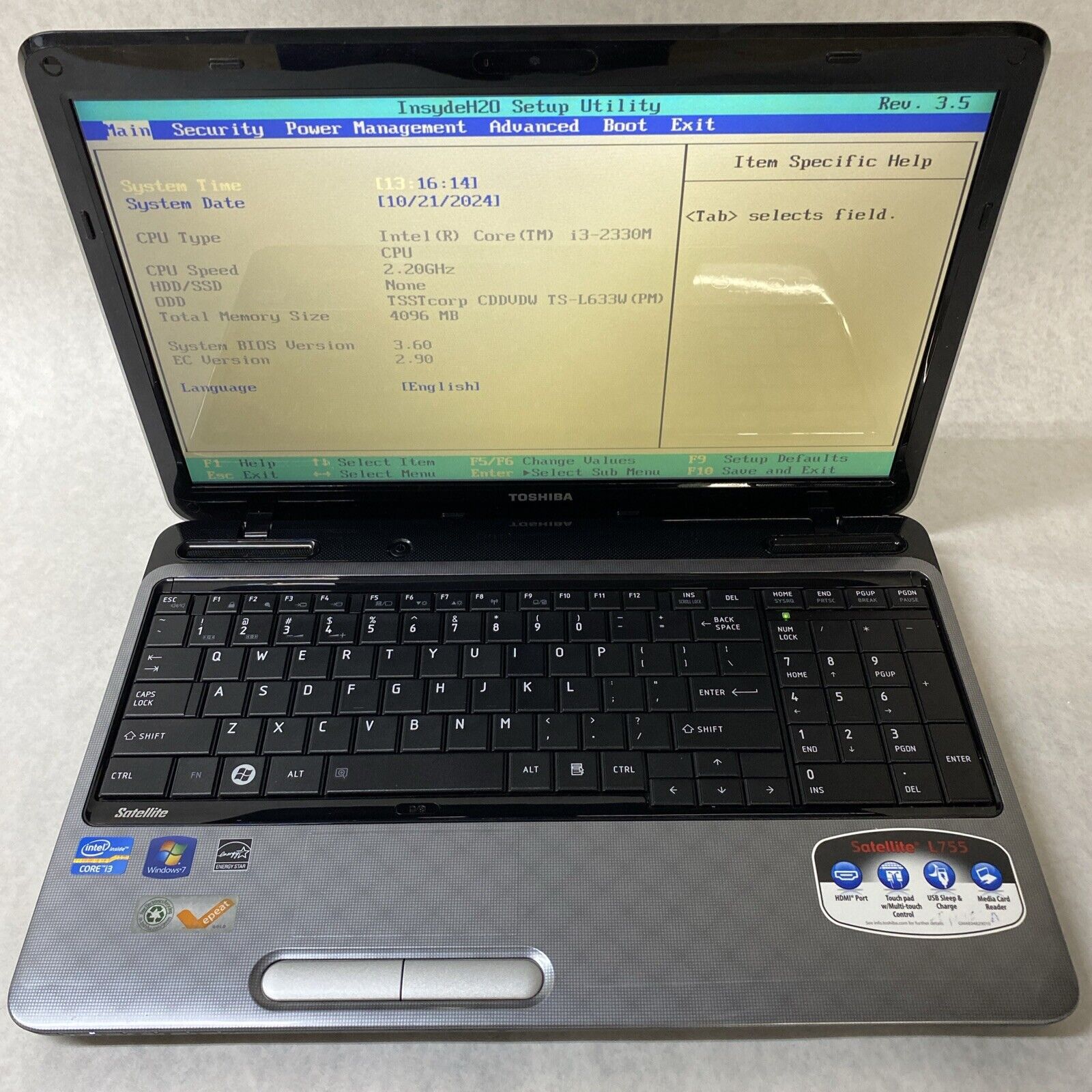 TOSHIBA Satellite C755-S5311 15.6" Intel i3-2330M 2.20GHz 4GB RAM No AC HDD OS