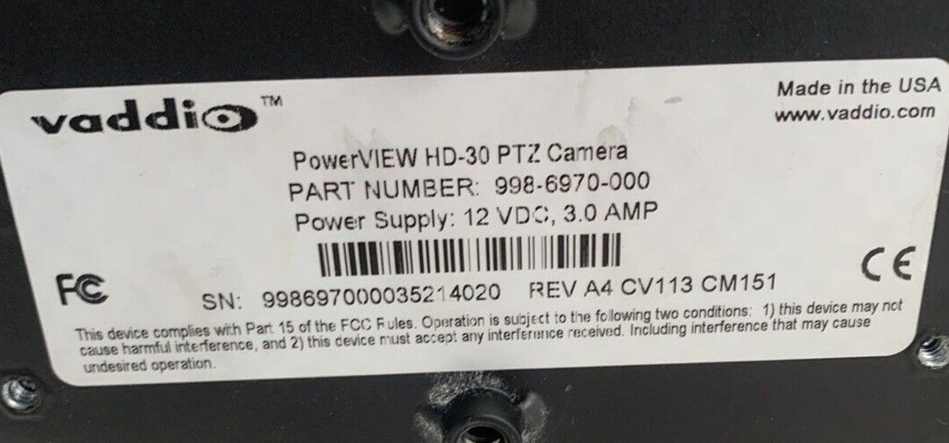 Vaddio PowerVIEW HD-30 PTZ Camera 998-6970-000