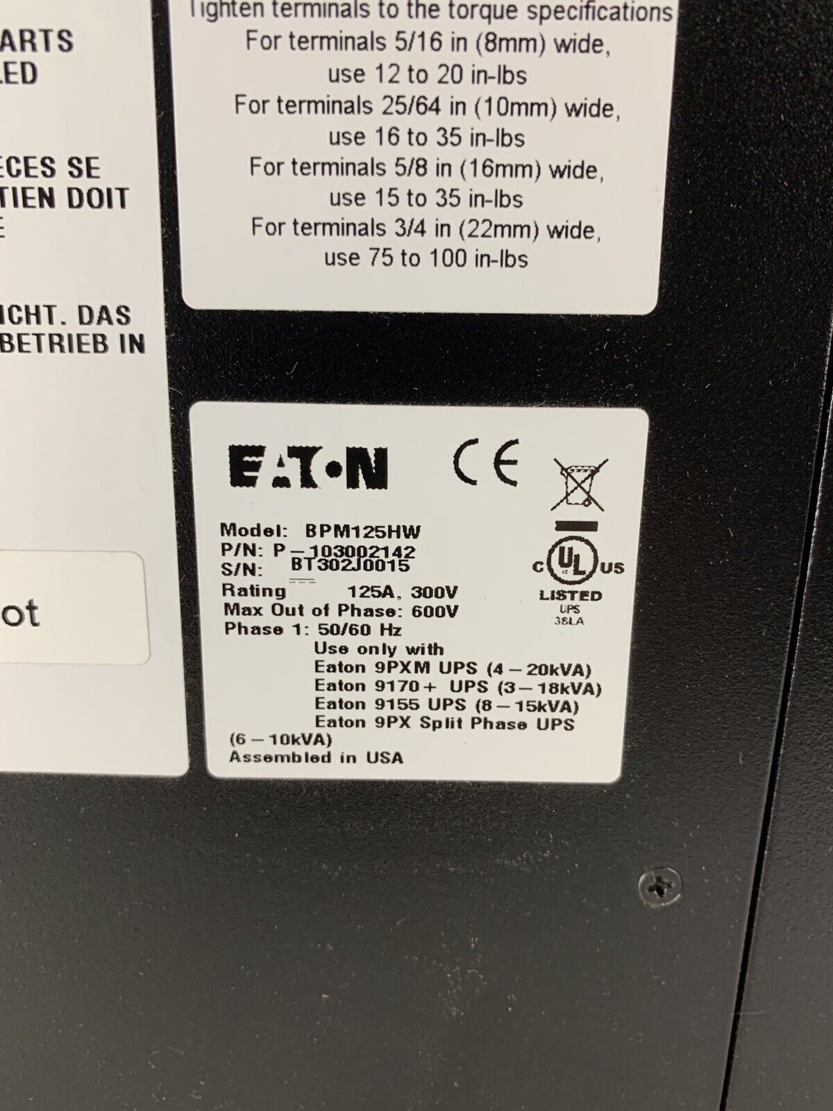 Eaton BPM125HW Bypass Power Module BPM 125A 300V 600V 6-10kVA Box Opened