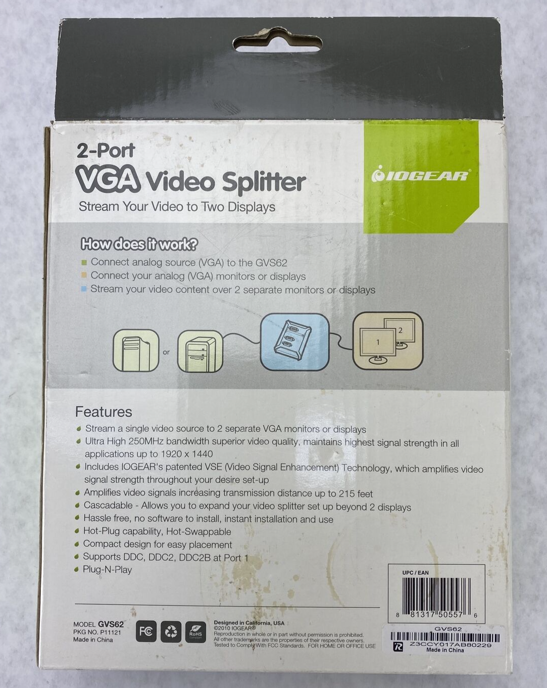 IOGEAR GVS62 2-Port VGA Video Splitter for Analog Displays NEW